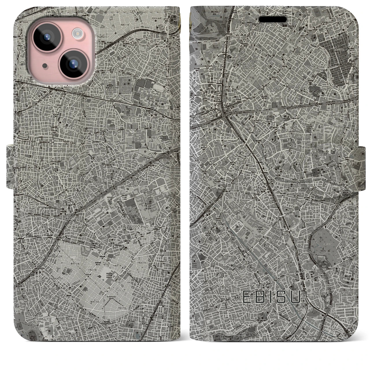 【恵比寿(東京都)】地図柄iPhoneケース(手帳タイプ)モノトーン・iPhone 15 Plus 用