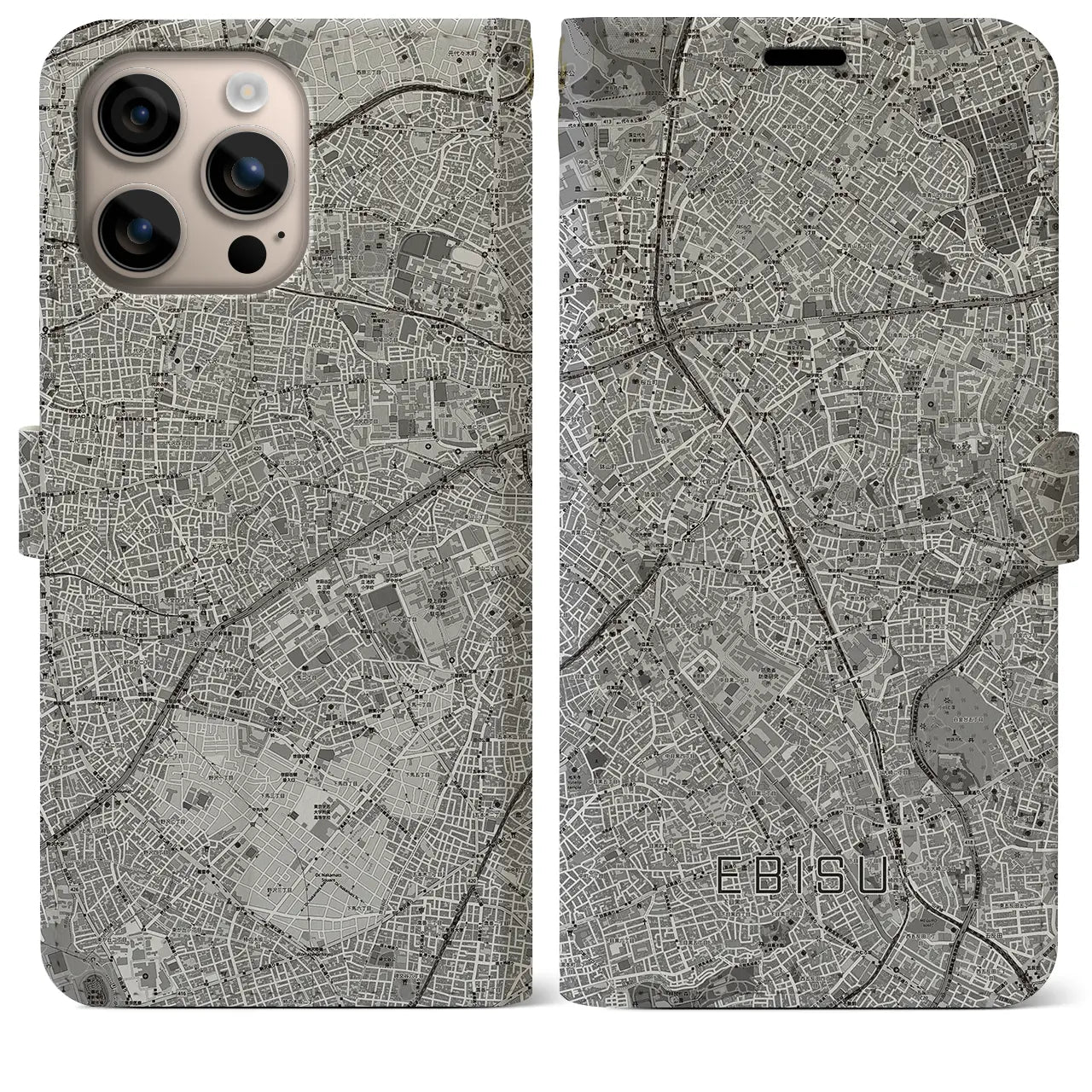 【恵比寿(東京都)】地図柄iPhoneケース(手帳タイプ)モノトーン・iPhone 16 Plus 用