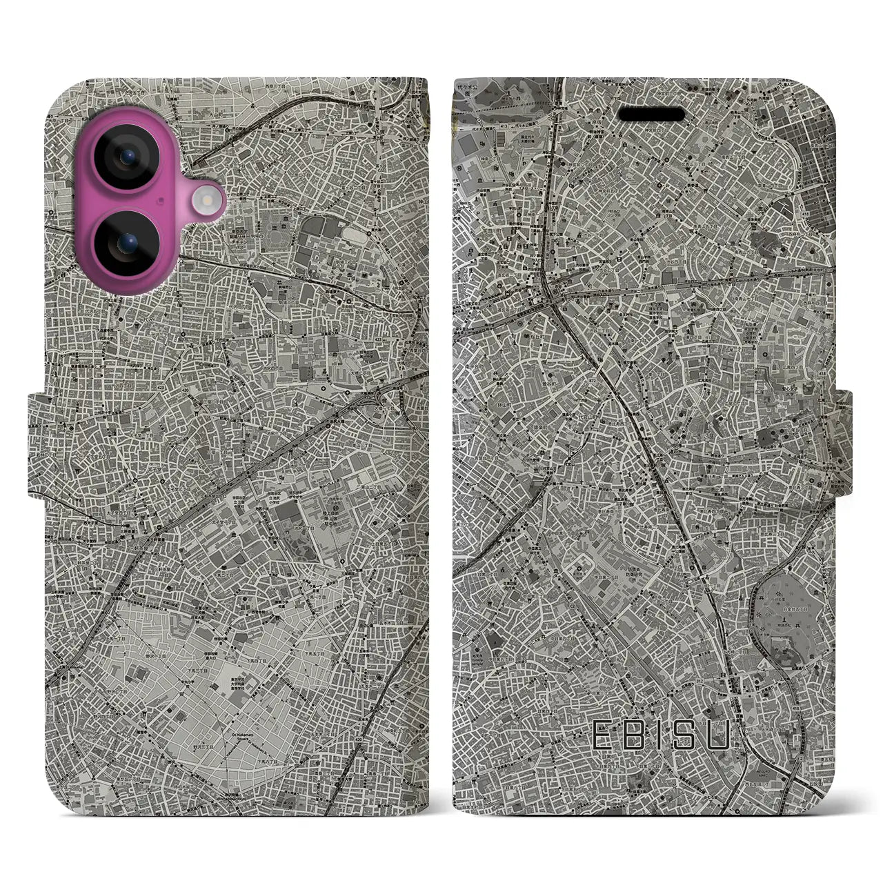 【恵比寿(東京都)】地図柄iPhoneケース(手帳タイプ)モノトーン・iPhone 16 Pro 用