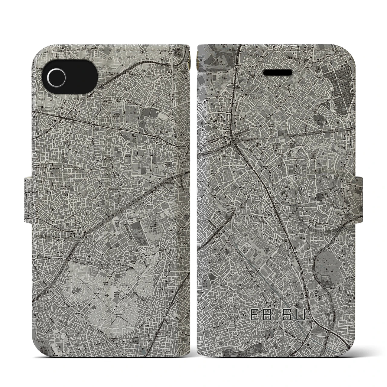【恵比寿(東京都)】地図柄iPhoneケース(手帳タイプ)モノトーン・iPhone SE(第3 / 第2世代) / 8 / 7 / 6s / 6 用