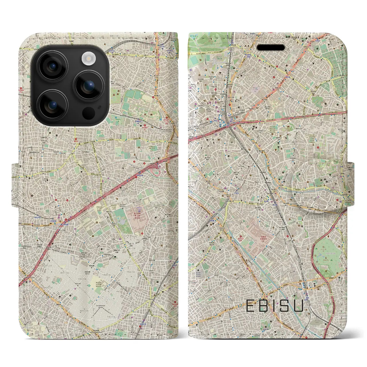 【恵比寿(東京都)】地図柄iPhoneケース(手帳タイプ)ナチュラル・iPhone 16 用