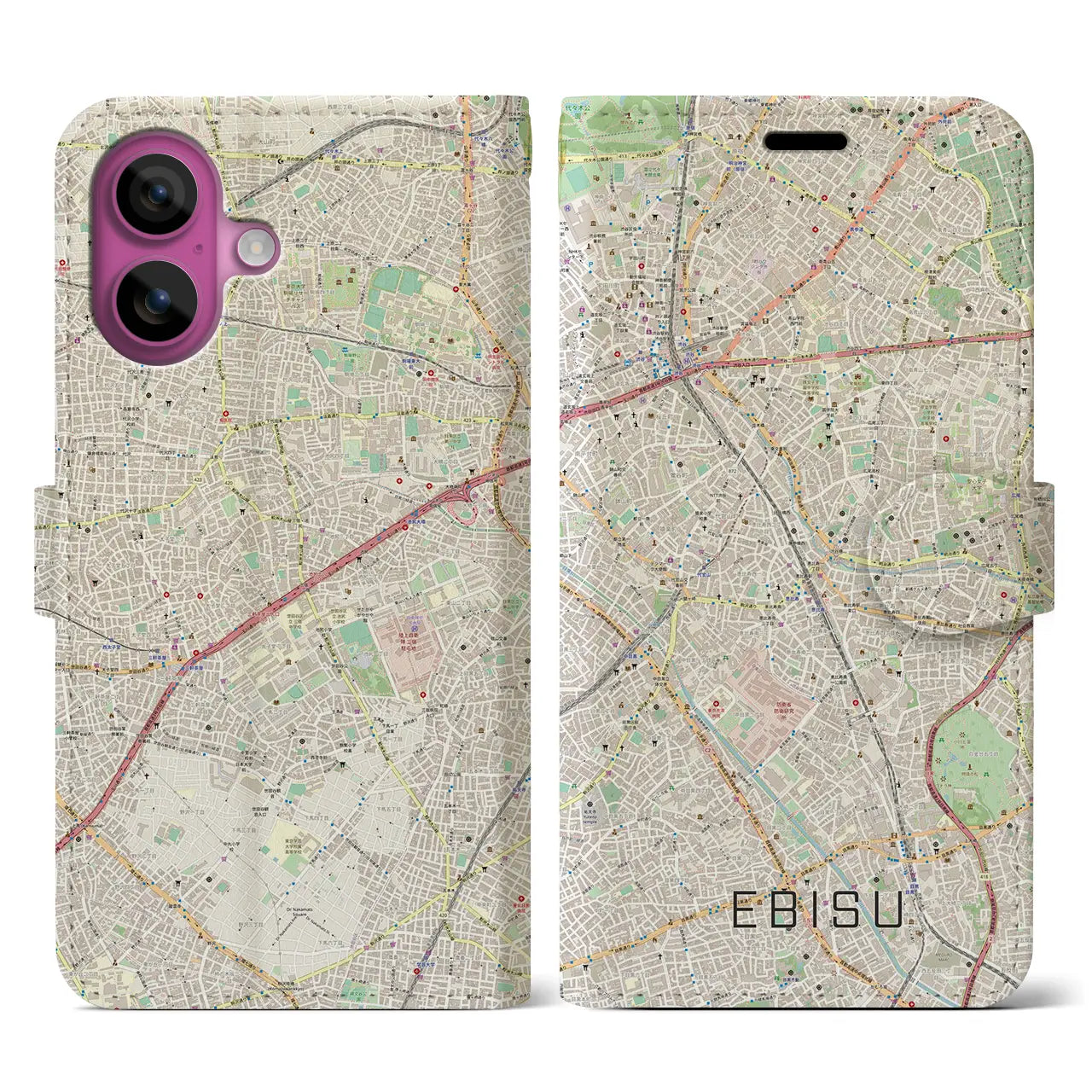 【恵比寿(東京都)】地図柄iPhoneケース(手帳タイプ)ナチュラル・iPhone 16 Pro 用