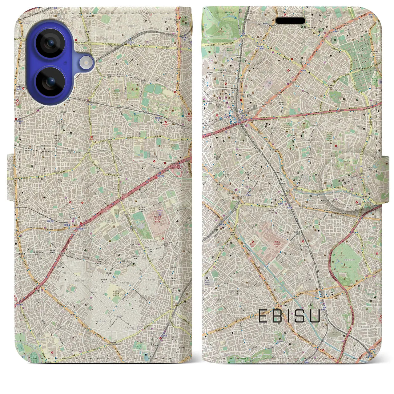 【恵比寿(東京都)】地図柄iPhoneケース(手帳タイプ)ナチュラル・iPhone 16 Pro Max 用
