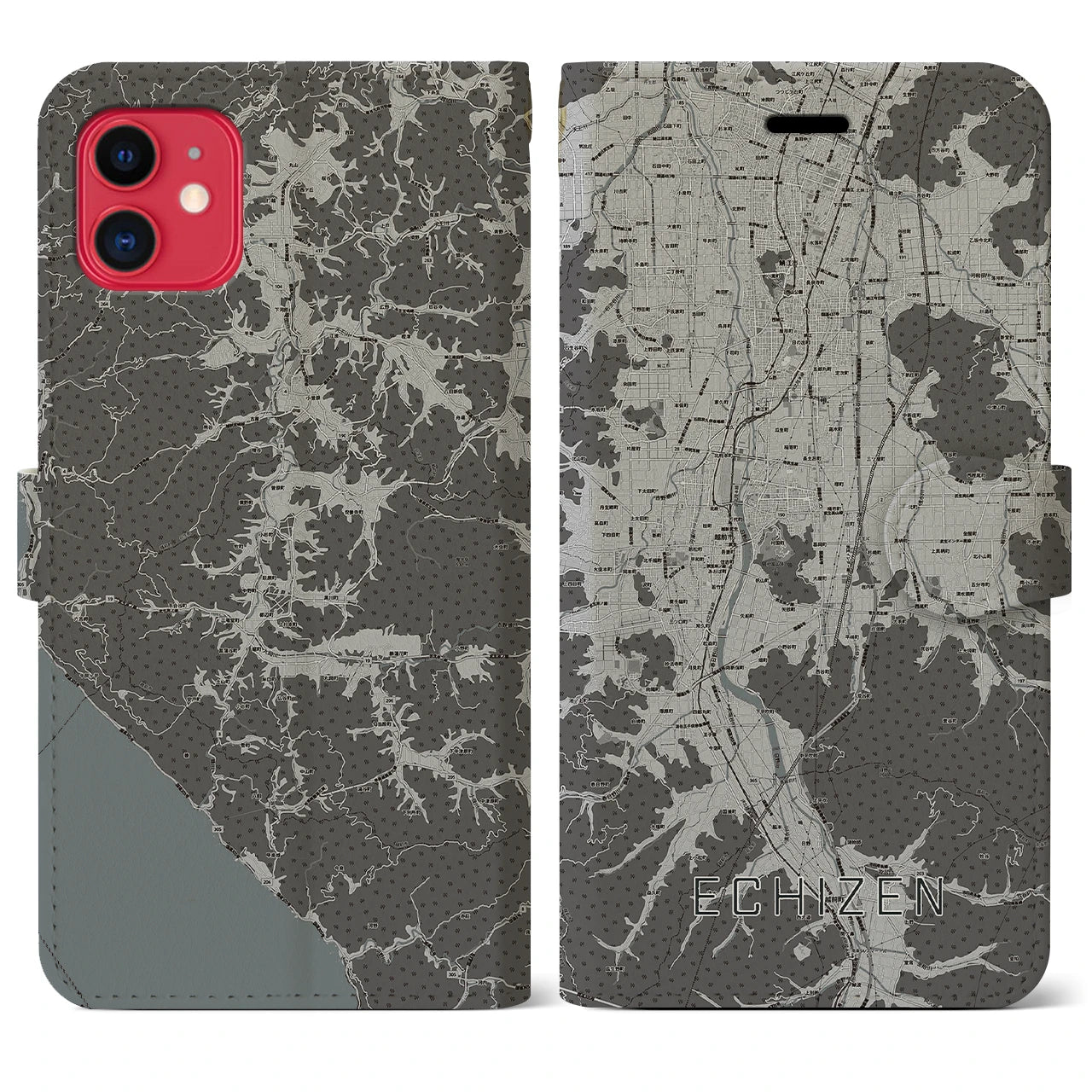 【越前(福井県)】地図柄iPhoneケース(手帳タイプ)モノトーン・iPhone 11 用