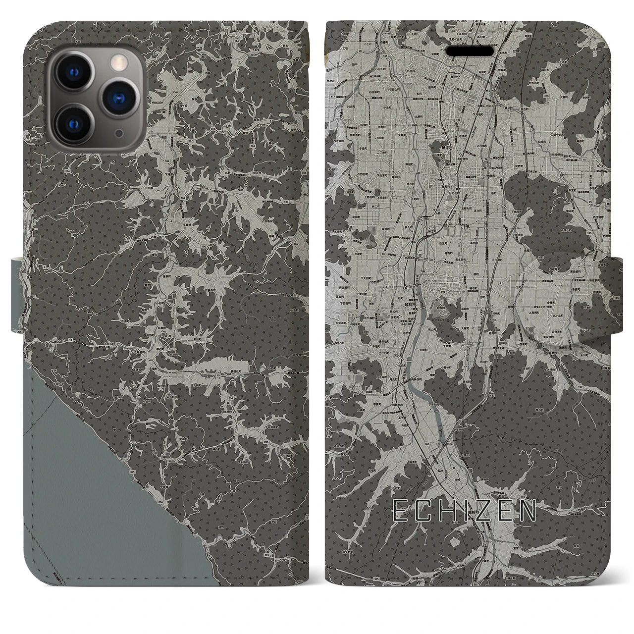 【越前(福井県)】地図柄iPhoneケース(手帳タイプ)モノトーン・iPhone 11 Pro Max 用