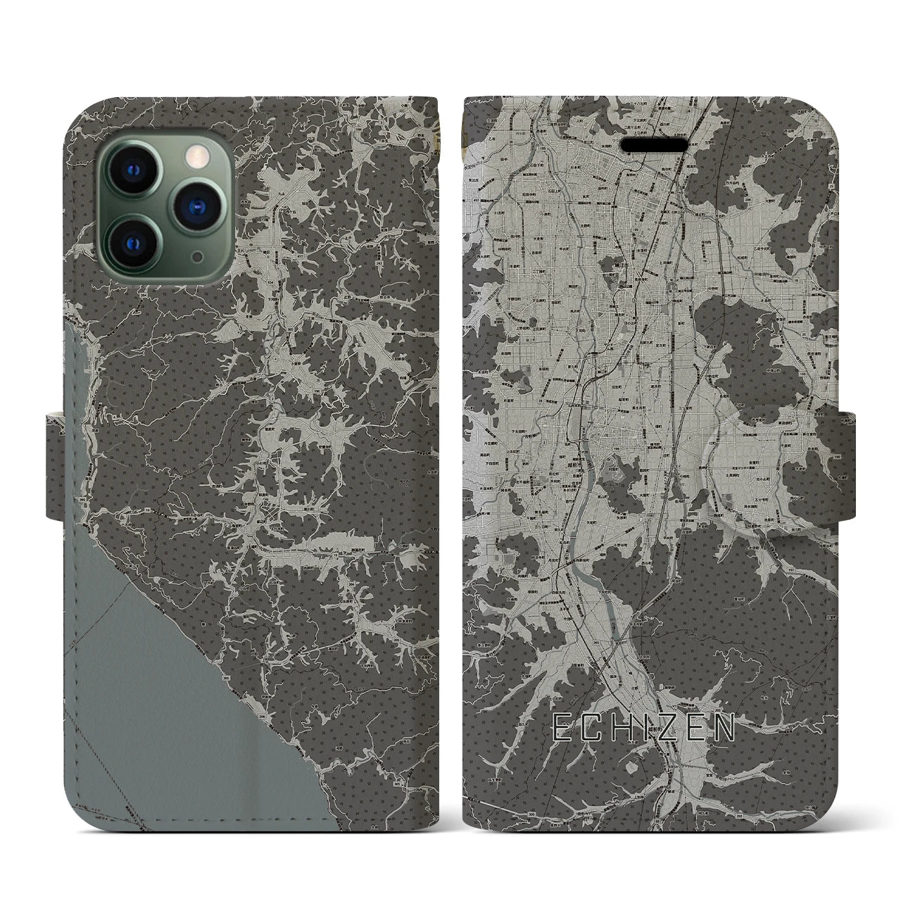 【越前(福井県)】地図柄iPhoneケース(手帳タイプ)モノトーン・iPhone 11 Pro 用