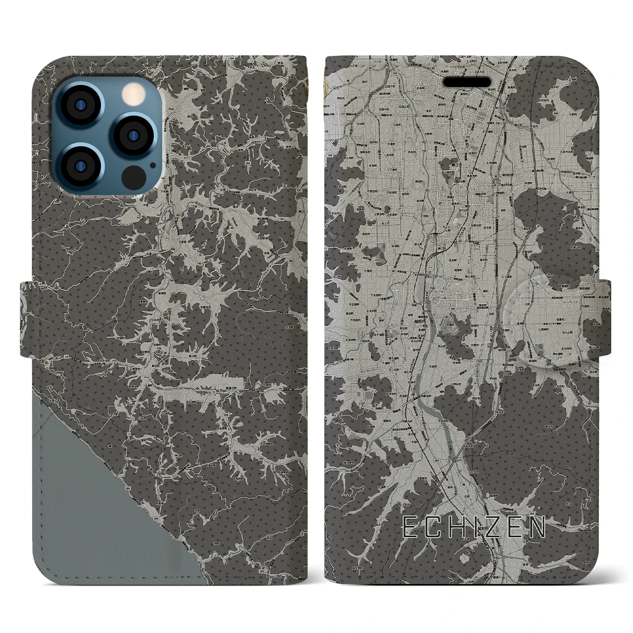【越前(福井県)】地図柄iPhoneケース(手帳タイプ)モノトーン・iPhone 12 / 12 Pro 用
