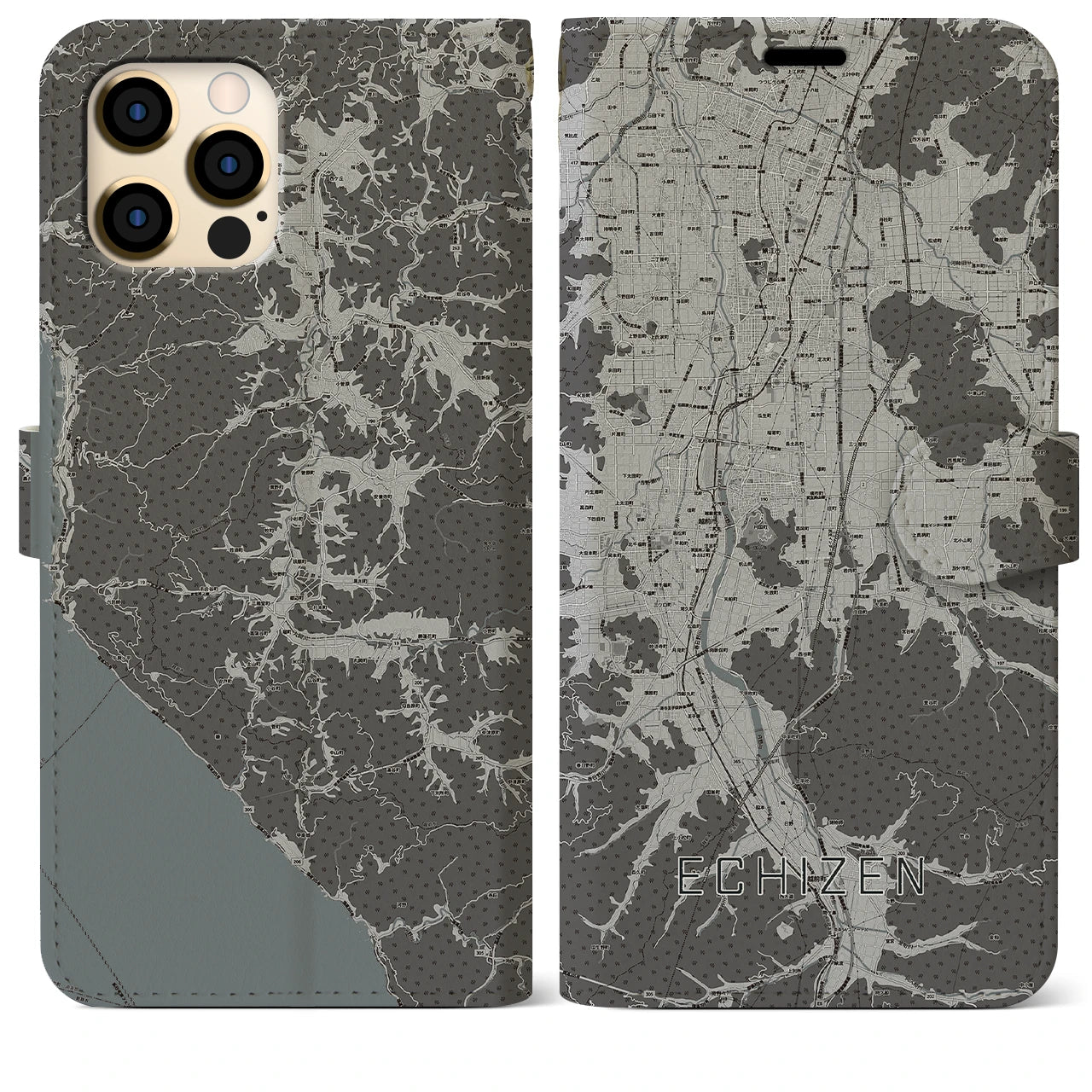 【越前(福井県)】地図柄iPhoneケース(手帳タイプ)モノトーン・iPhone 12 Pro Max 用