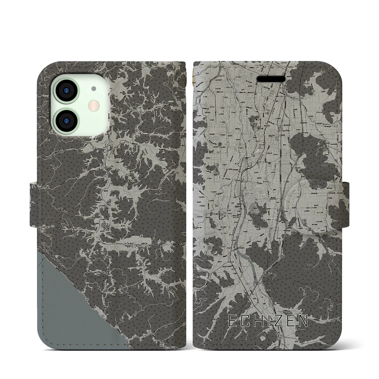 【越前(福井県)】地図柄iPhoneケース(手帳タイプ)モノトーン・iPhone 12 mini 用