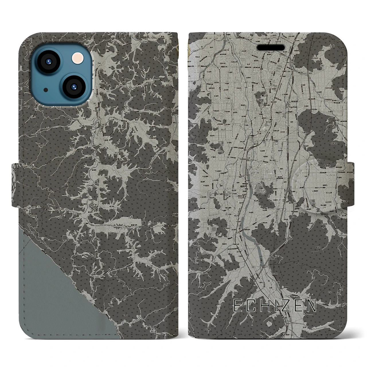 【越前(福井県)】地図柄iPhoneケース(手帳タイプ)モノトーン・iPhone 13 用