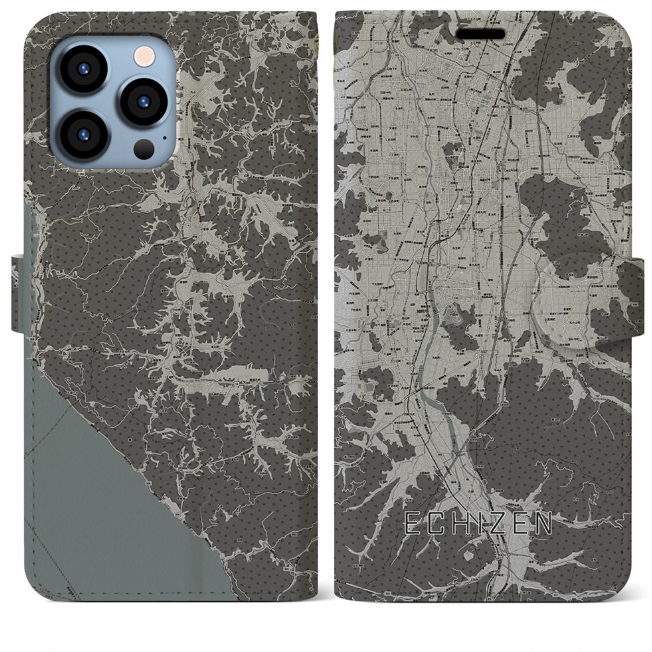 【越前(福井県)】地図柄iPhoneケース(手帳タイプ)モノトーン・iPhone 13 Pro Max 用