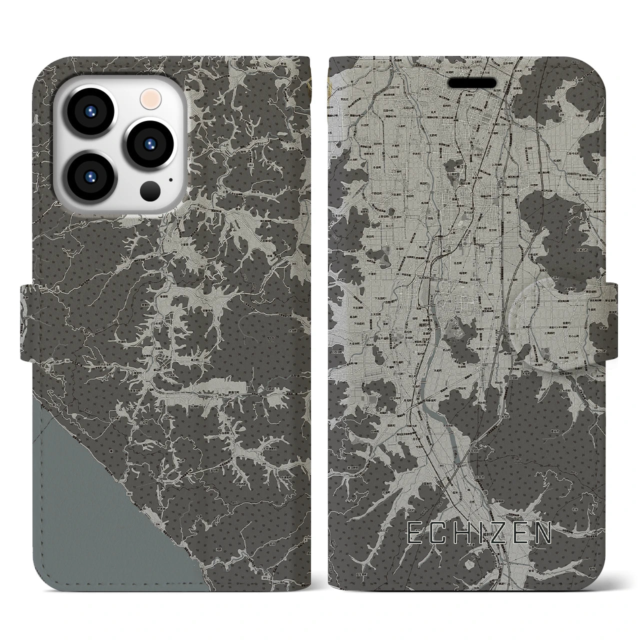 【越前(福井県)】地図柄iPhoneケース(手帳タイプ)モノトーン・iPhone 13 Pro 用