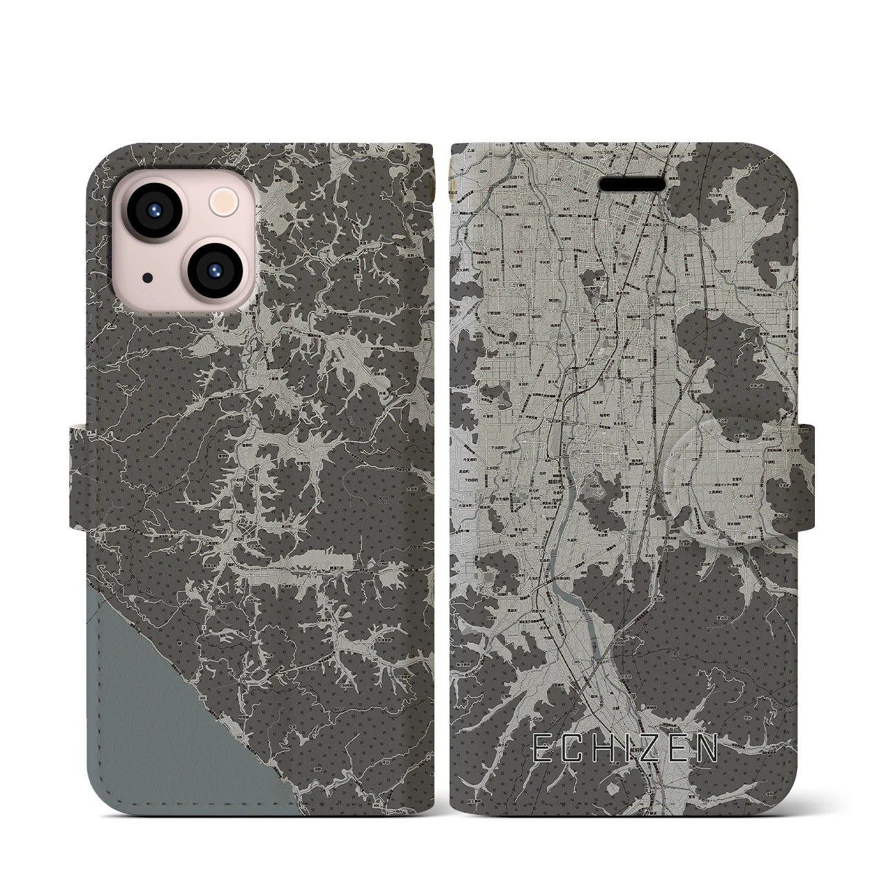 【越前(福井県)】地図柄iPhoneケース(手帳タイプ)モノトーン・iPhone 13 mini 用