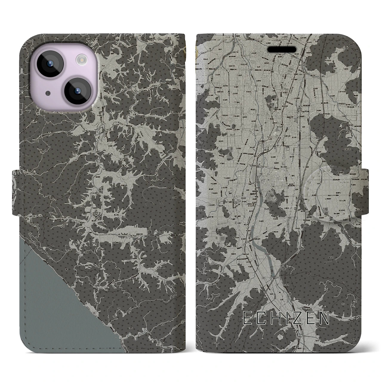 【越前(福井県)】地図柄iPhoneケース(手帳タイプ)モノトーン・iPhone 14 用