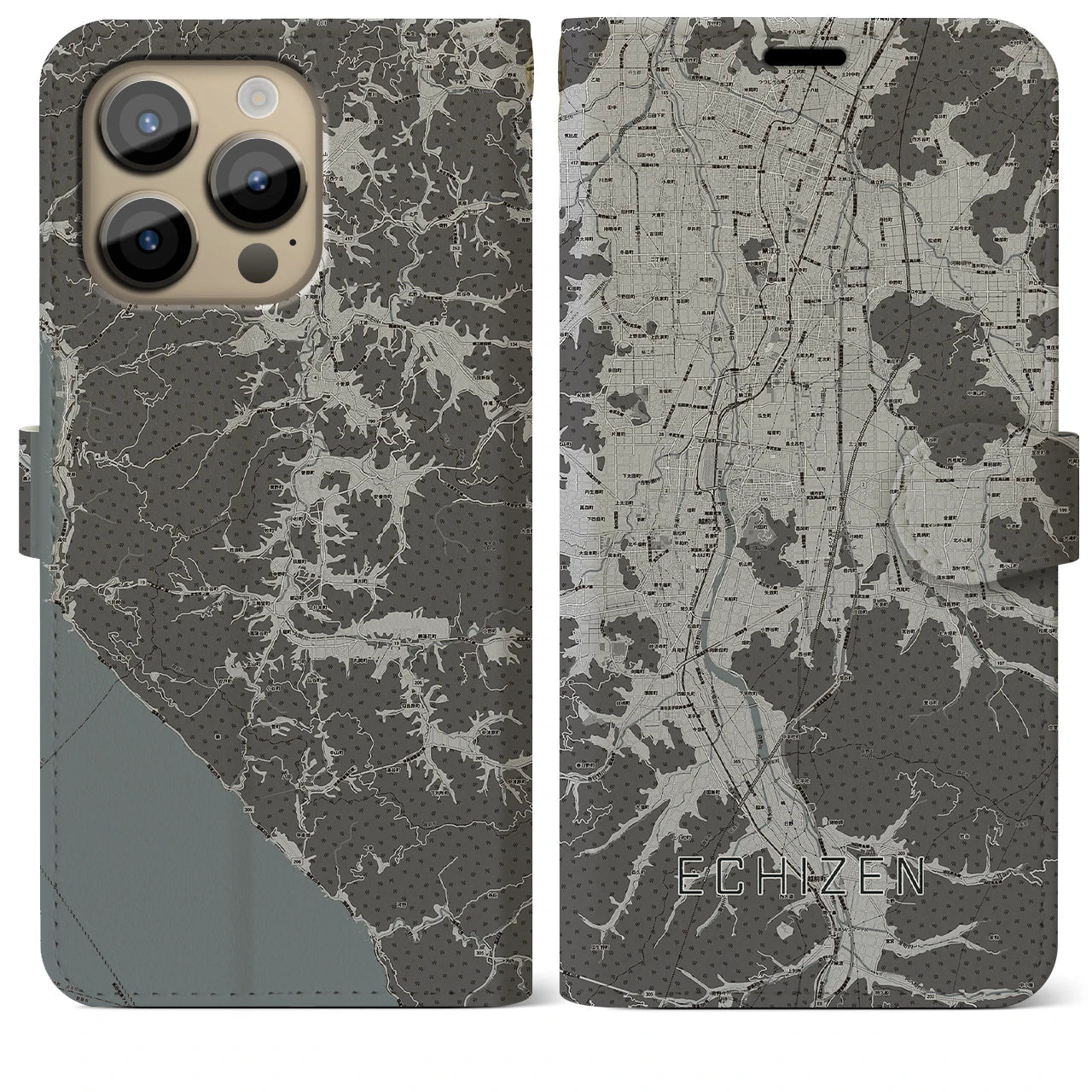 【越前(福井県)】地図柄iPhoneケース(手帳タイプ)モノトーン・iPhone 14 Pro Max 用