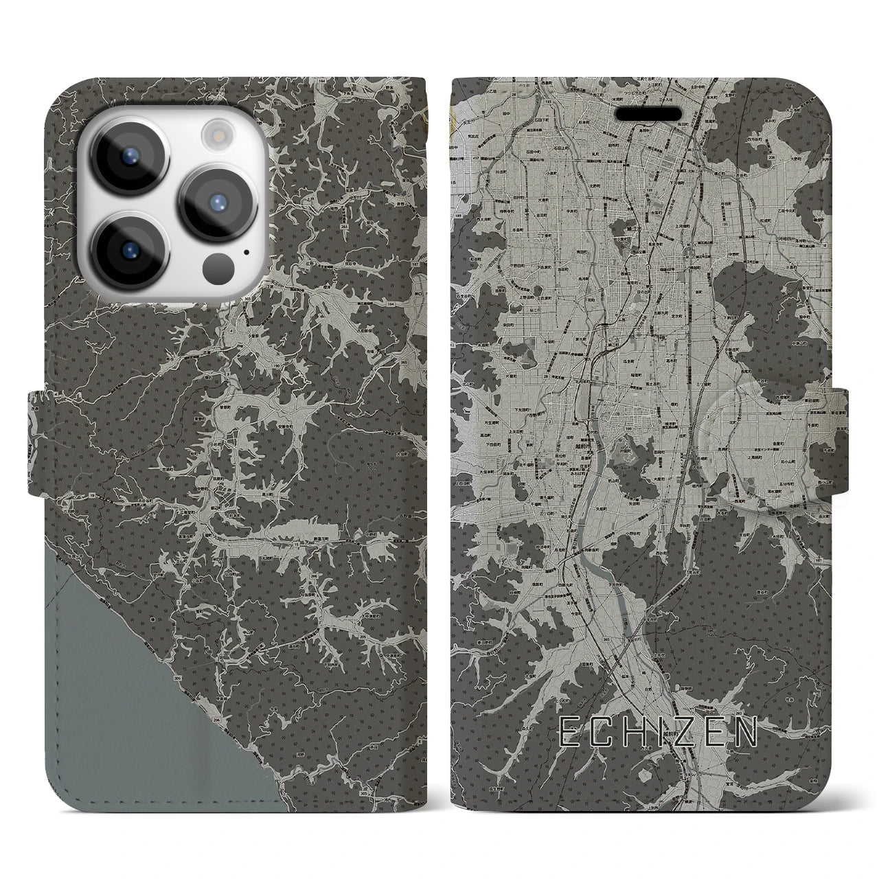 【越前(福井県)】地図柄iPhoneケース(手帳タイプ)モノトーン・iPhone 14 Pro 用