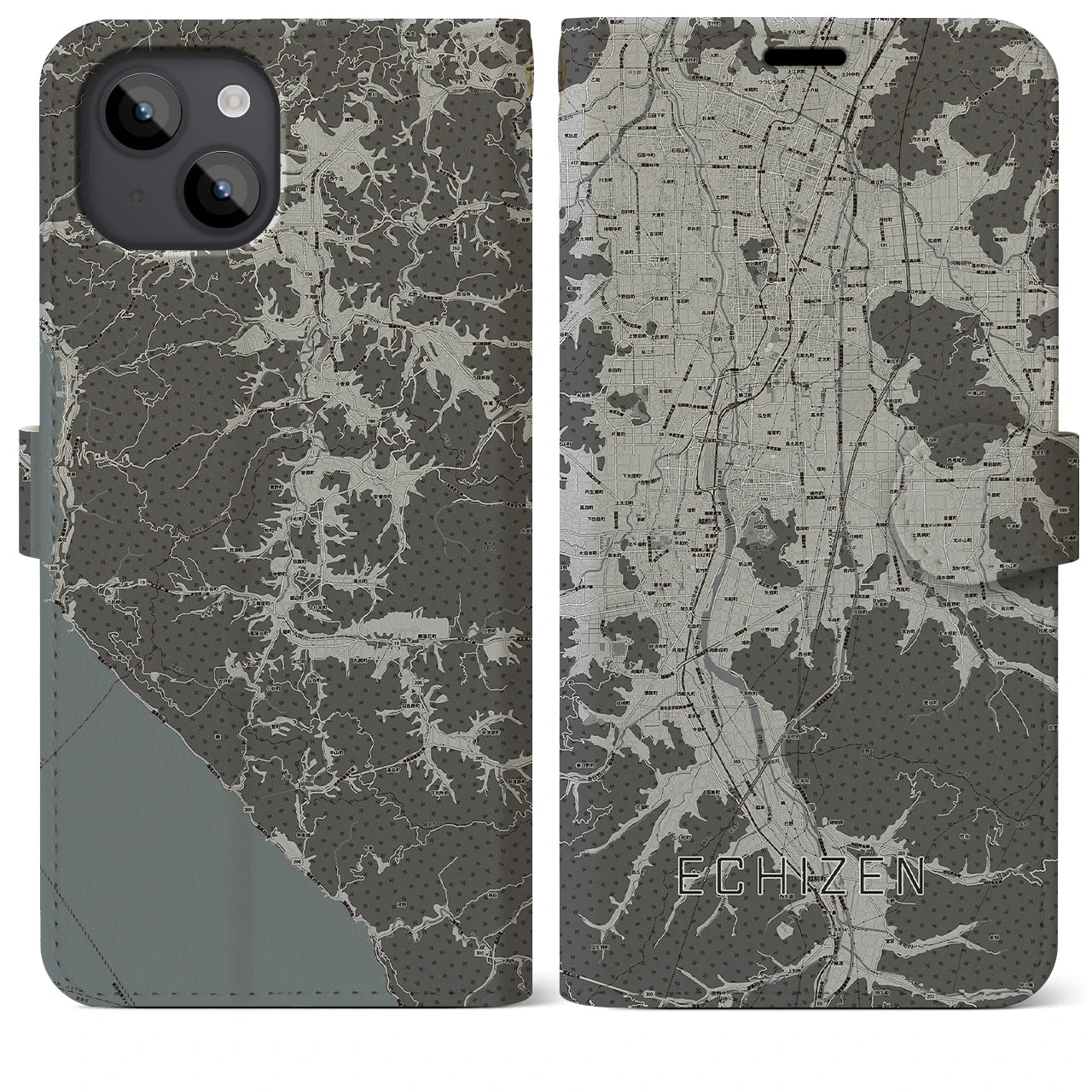 【越前(福井県)】地図柄iPhoneケース(手帳タイプ)モノトーン・iPhone 14 Plus 用