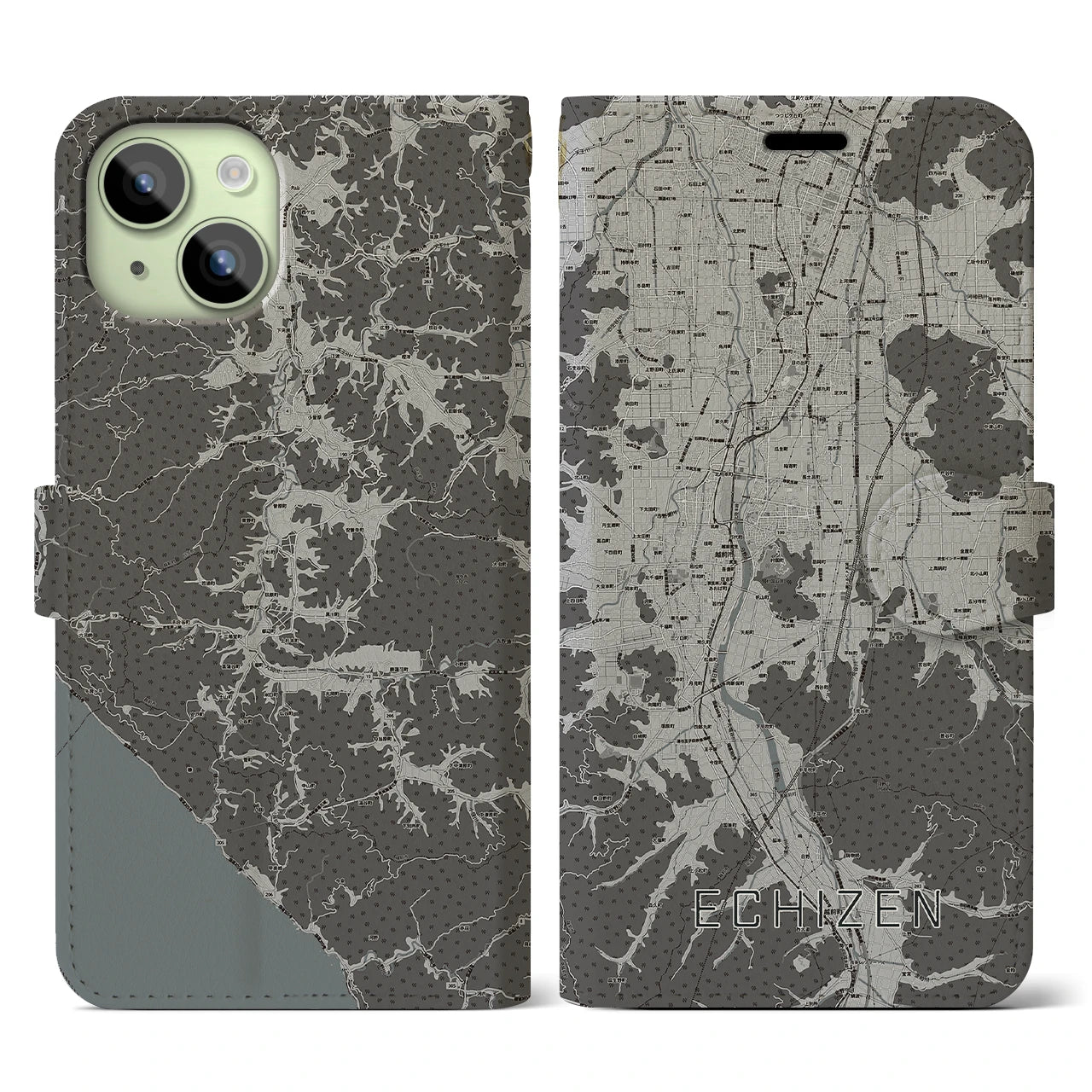 【越前(福井県)】地図柄iPhoneケース(手帳タイプ)モノトーン・iPhone 15 用