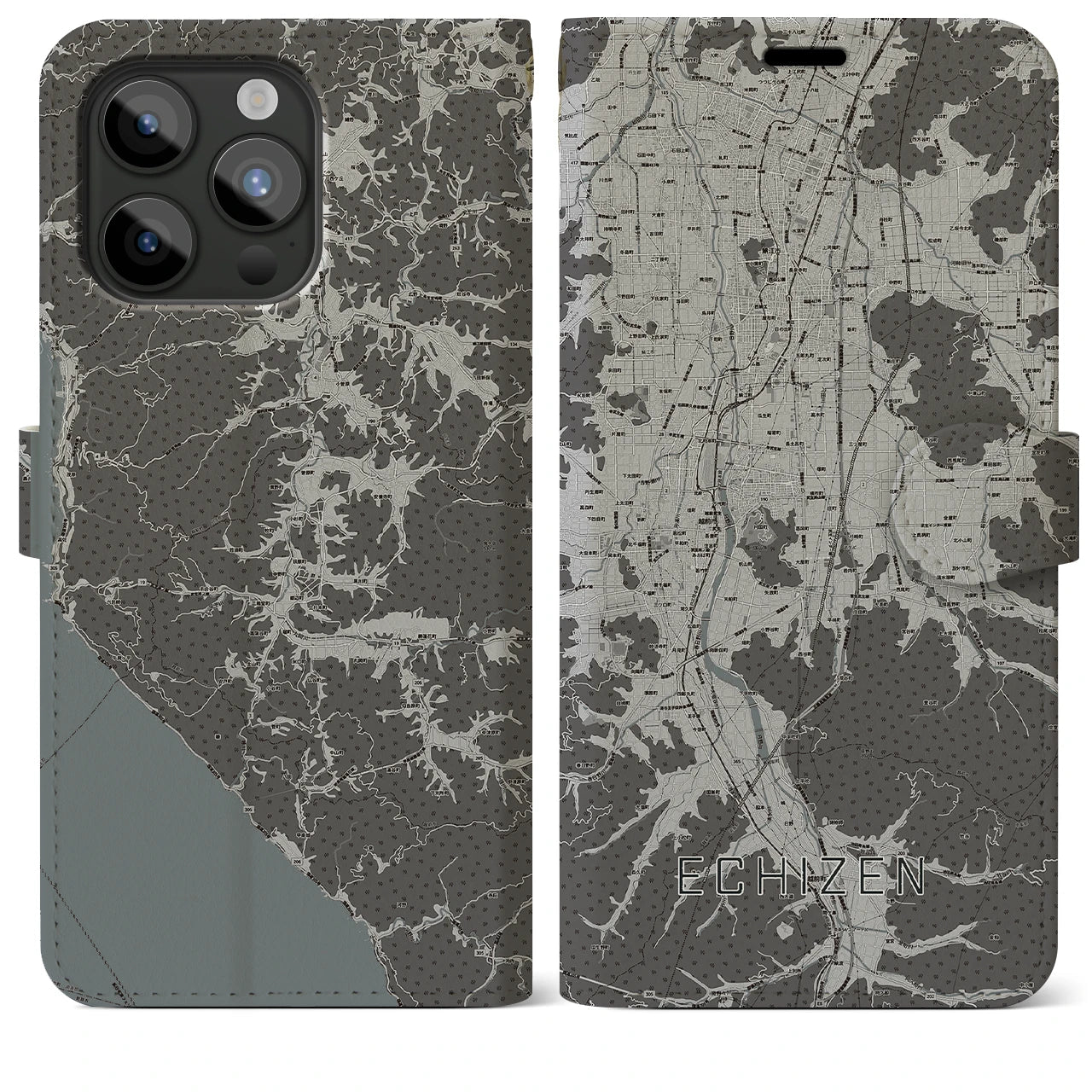 【越前(福井県)】地図柄iPhoneケース(手帳タイプ)モノトーン・iPhone 15 Pro Max 用