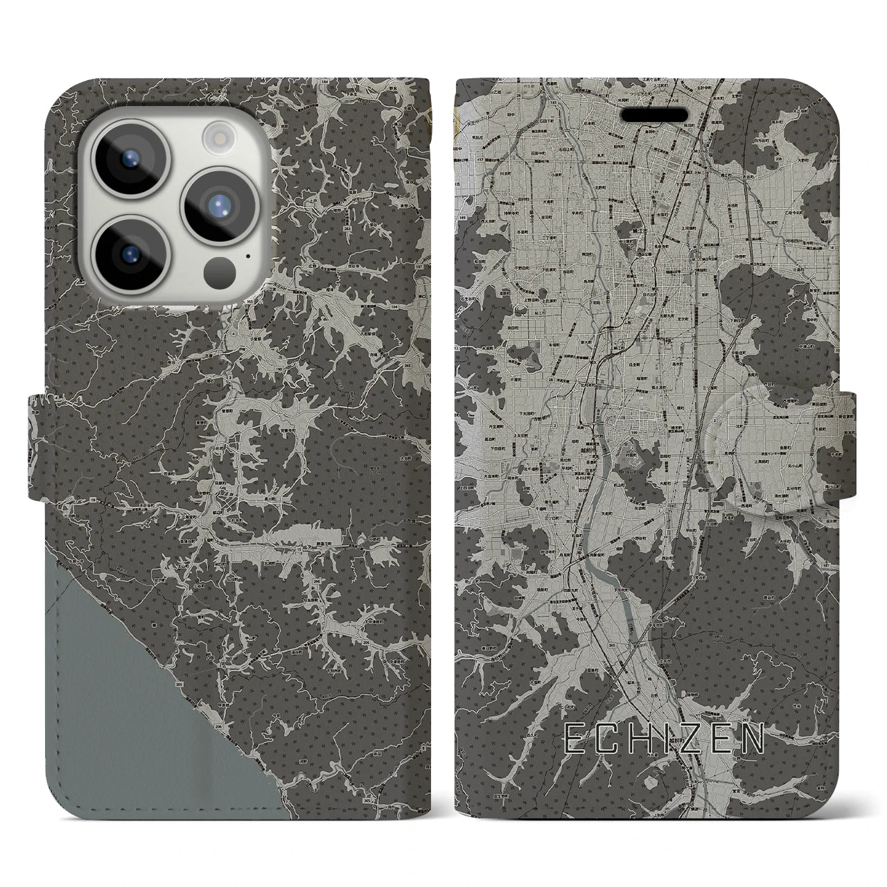 【越前(福井県)】地図柄iPhoneケース(手帳タイプ)モノトーン・iPhone 15 Pro 用