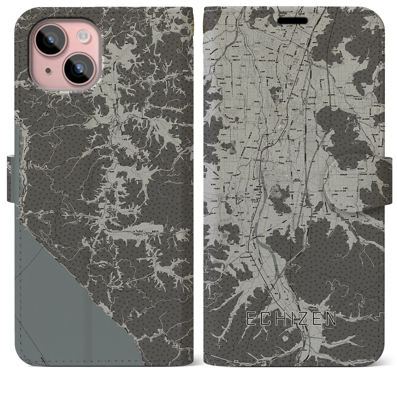 【越前(福井県)】地図柄iPhoneケース(手帳タイプ)モノトーン・iPhone 15 Plus 用