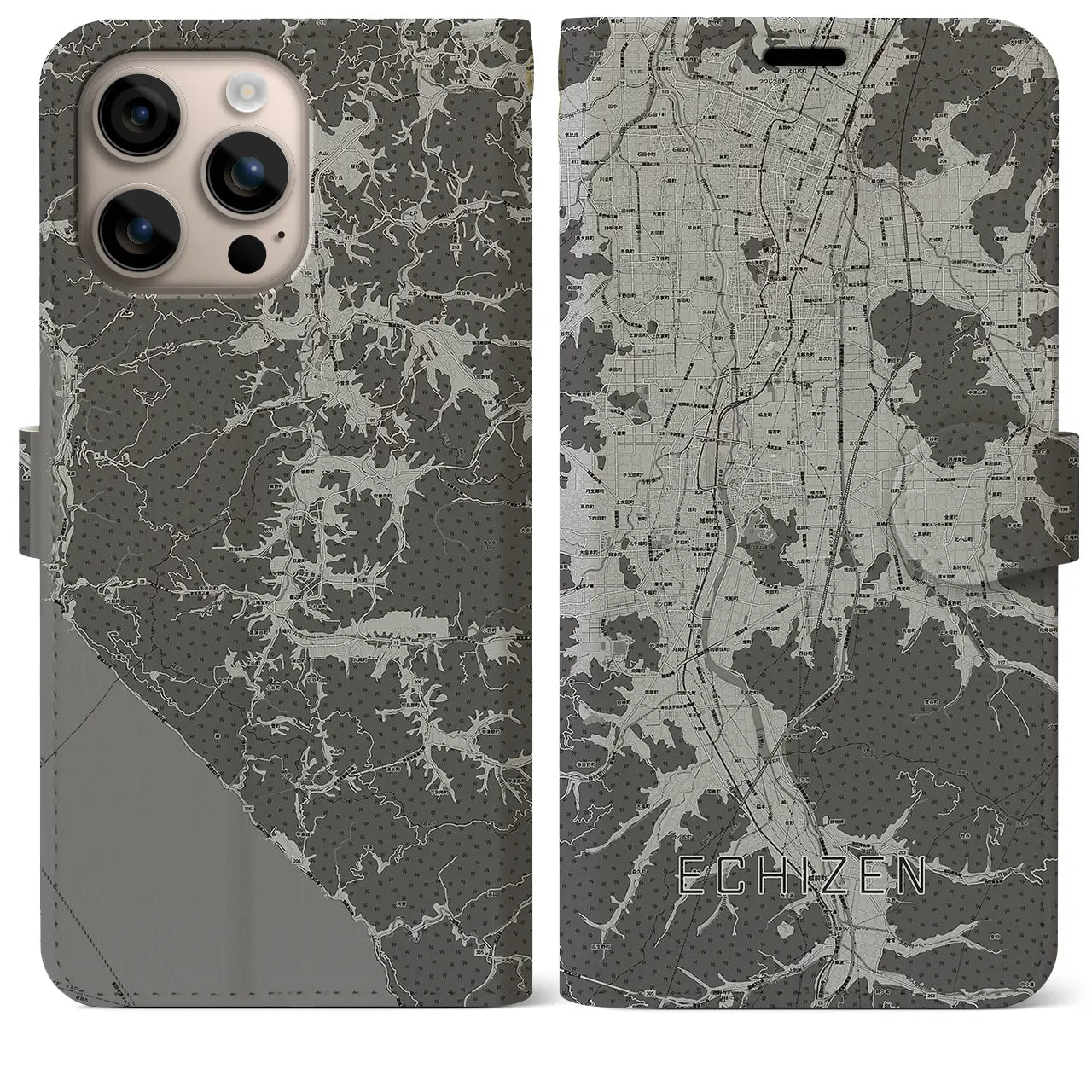 【越前(福井県)】地図柄iPhoneケース(手帳タイプ)モノトーン・iPhone 16 Plus 用