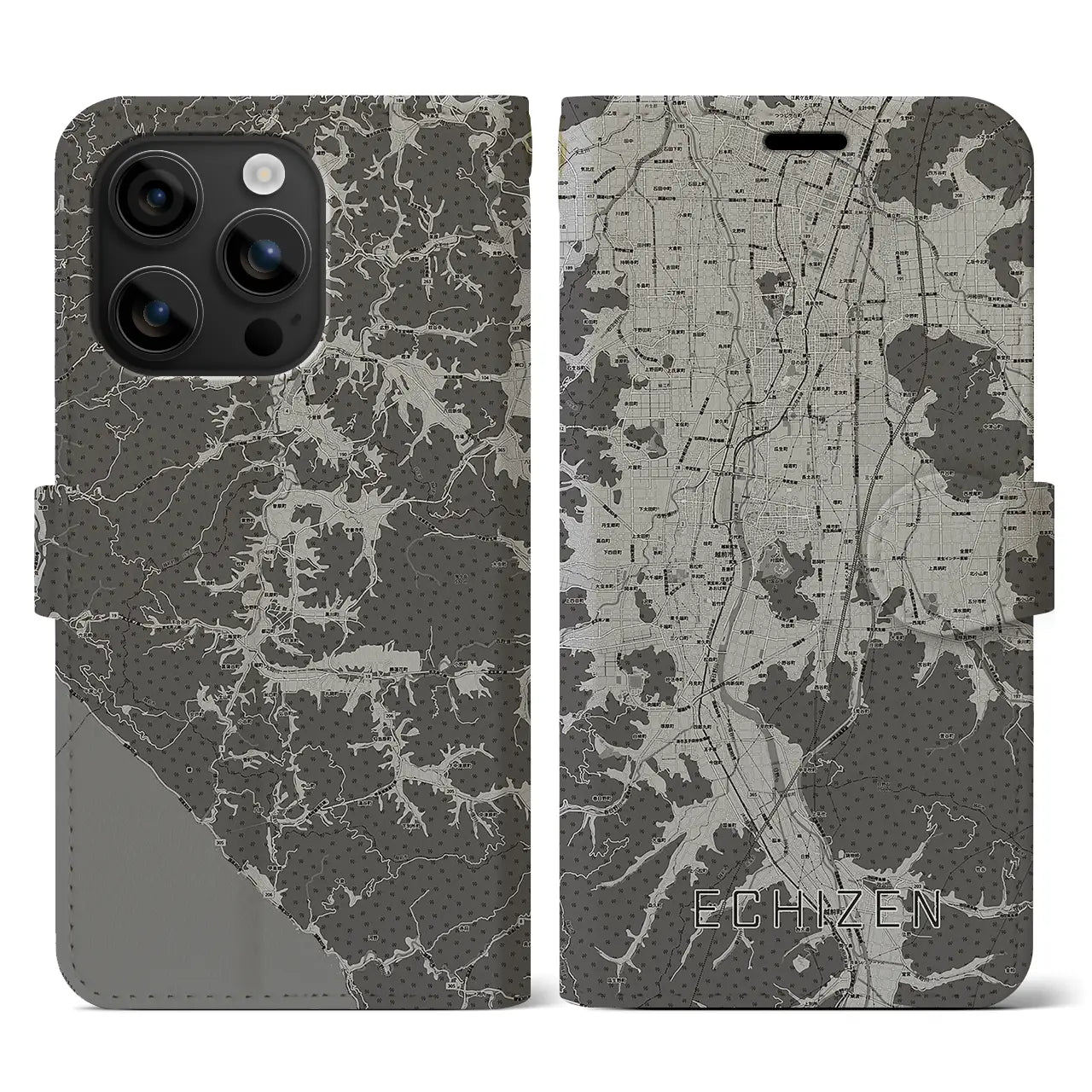 【越前(福井県)】地図柄iPhoneケース(手帳タイプ)モノトーン・iPhone 16 用