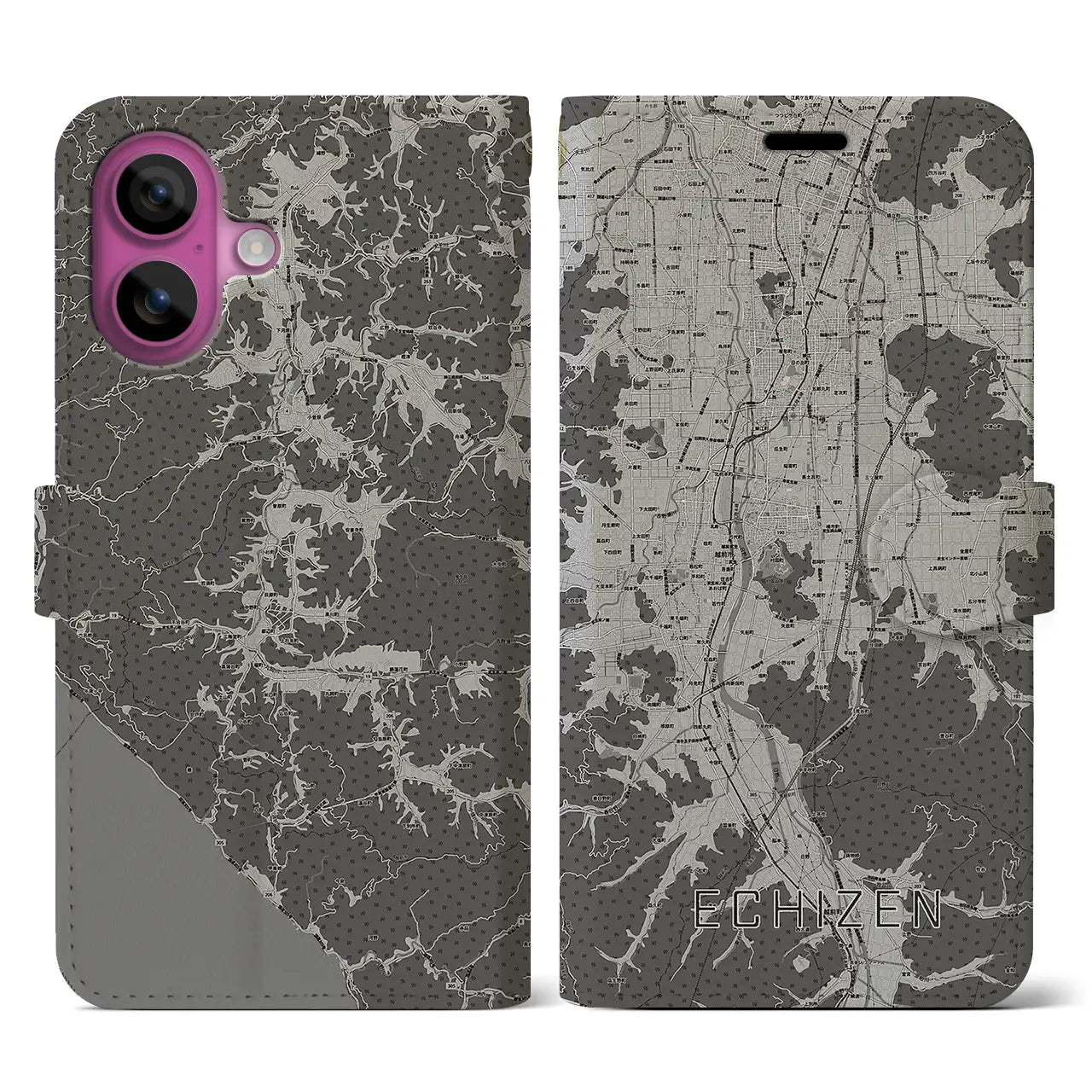 【越前(福井県)】地図柄iPhoneケース(手帳タイプ)モノトーン・iPhone 16 Pro 用