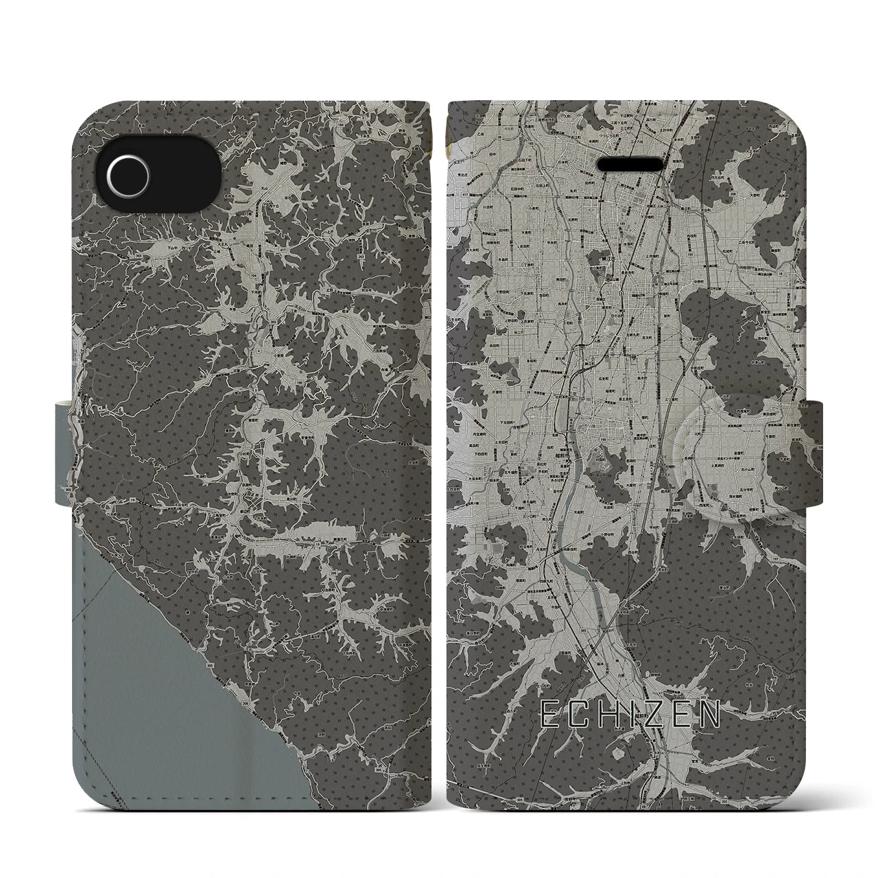 【越前(福井県)】地図柄iPhoneケース(手帳タイプ)モノトーン・iPhone SE(第3 / 第2世代) / 8 / 7 / 6s / 6 用