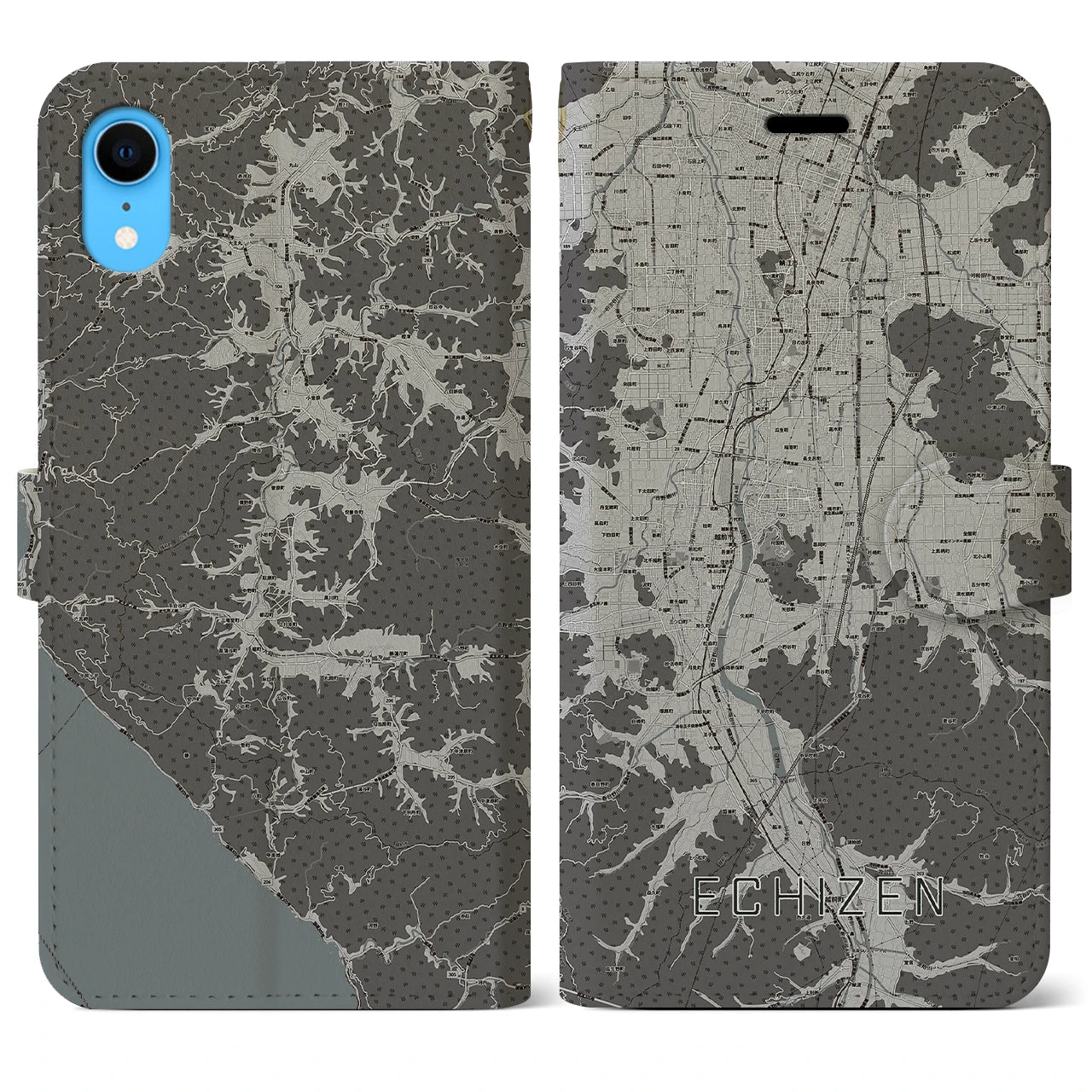 【越前(福井県)】地図柄iPhoneケース(手帳タイプ)モノトーン・iPhone XR 用