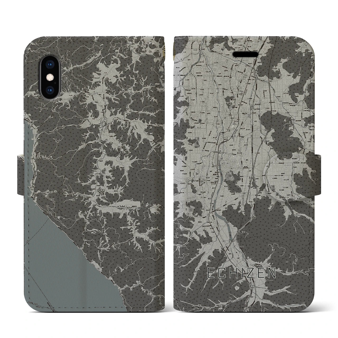 【越前(福井県)】地図柄iPhoneケース(手帳タイプ)モノトーン・iPhone XS / X 用