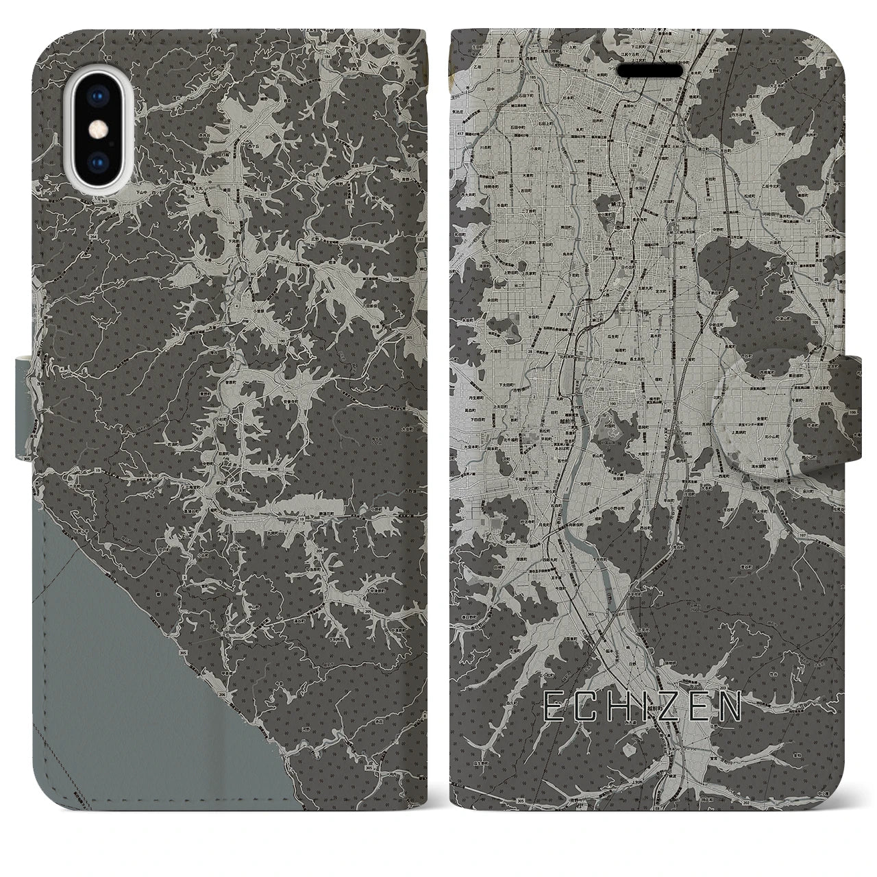 【越前(福井県)】地図柄iPhoneケース(手帳タイプ)モノトーン・iPhone XS Max 用