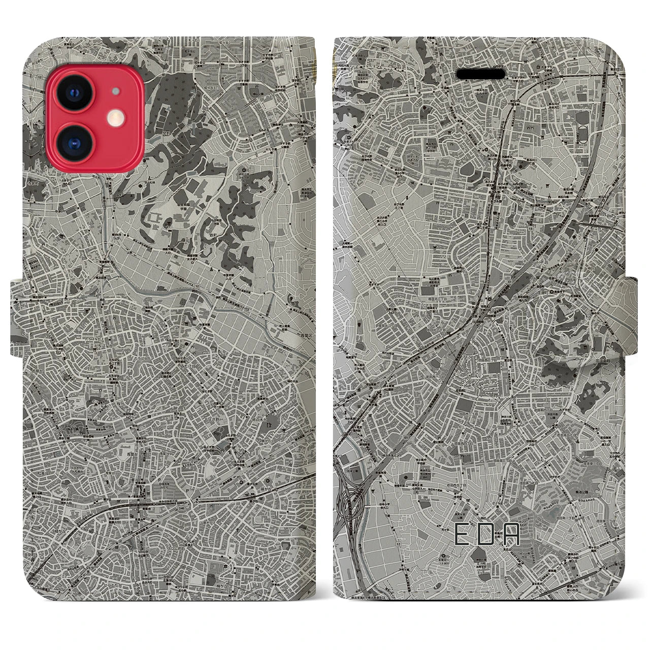 【江田(神奈川県)】地図柄iPhoneケース(手帳タイプ)モノトーン・iPhone 11 用