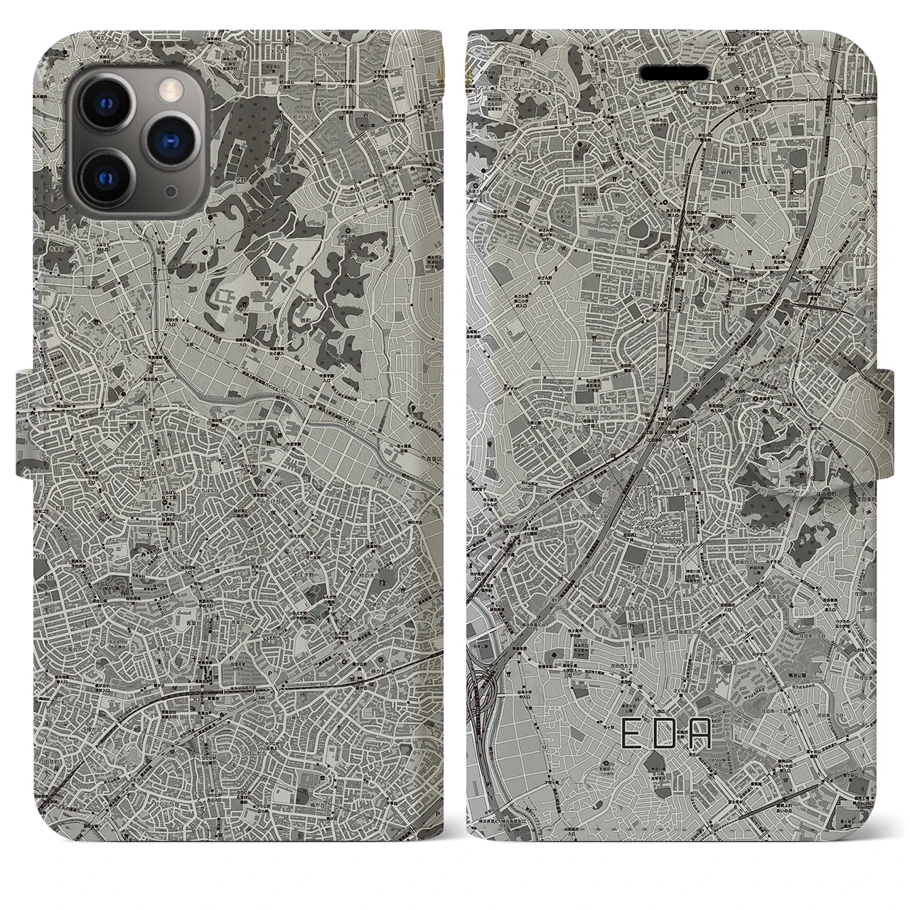 【江田(神奈川県)】地図柄iPhoneケース(手帳タイプ)モノトーン・iPhone 11 Pro Max 用