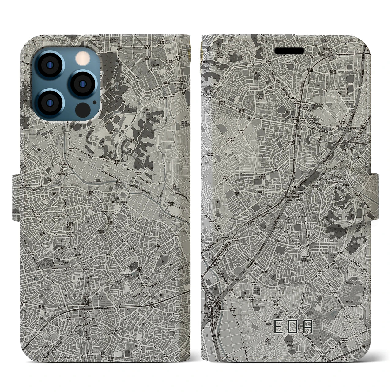 【江田(神奈川県)】地図柄iPhoneケース(手帳タイプ)モノトーン・iPhone 12 / 12 Pro 用