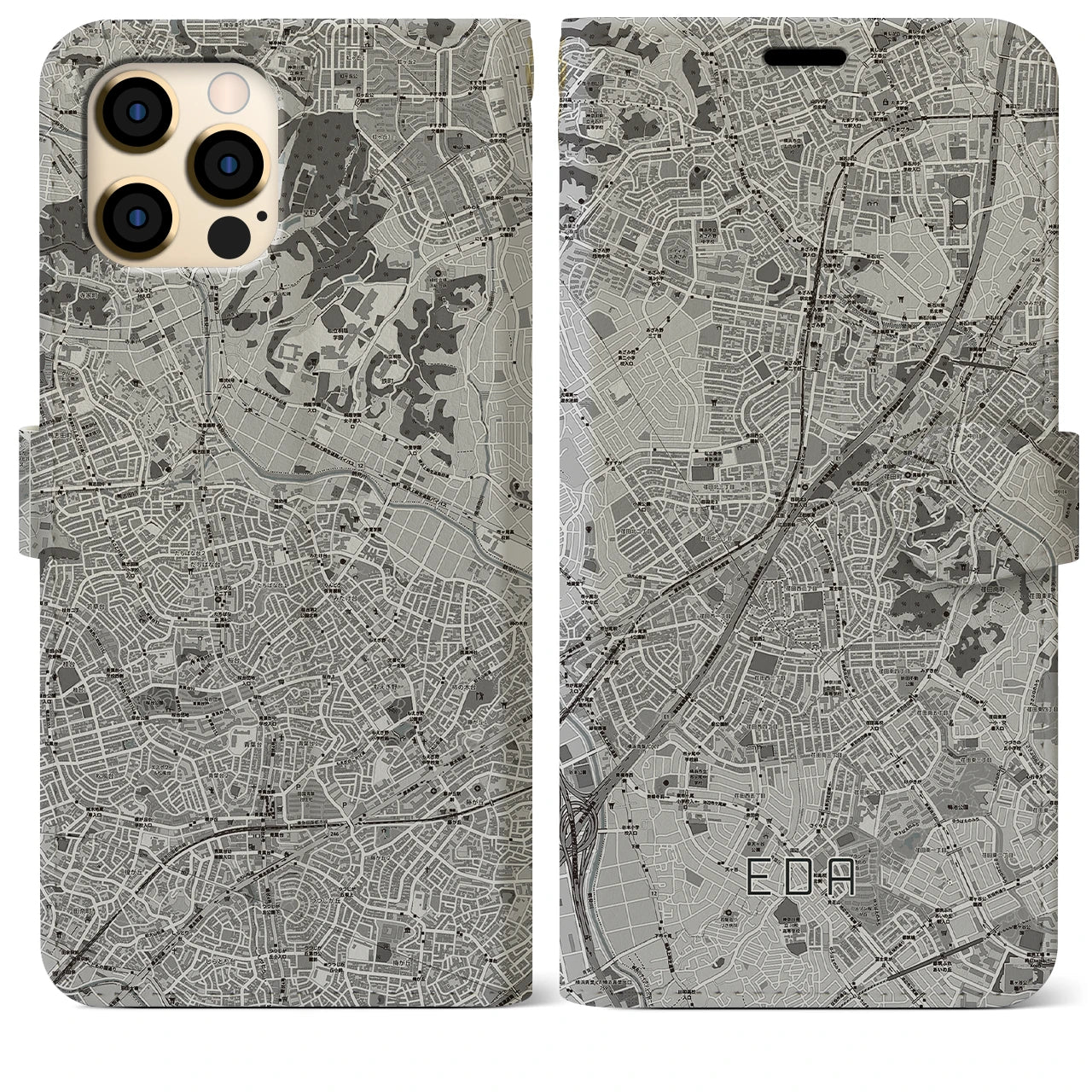 【江田(神奈川県)】地図柄iPhoneケース(手帳タイプ)モノトーン・iPhone 12 Pro Max 用
