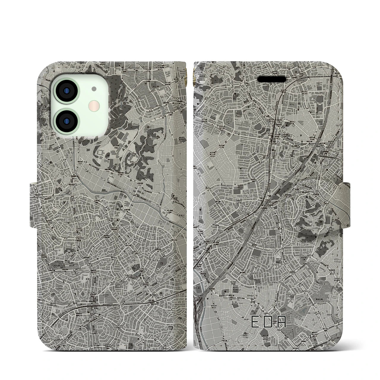 【江田(神奈川県)】地図柄iPhoneケース(手帳タイプ)モノトーン・iPhone 12 mini 用