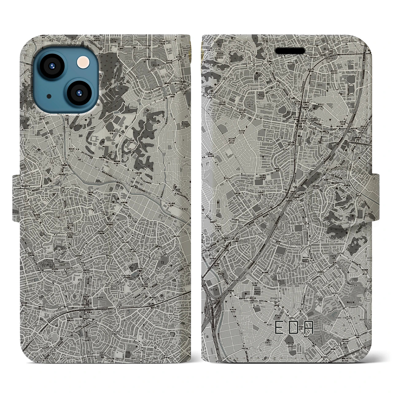 【江田(神奈川県)】地図柄iPhoneケース(手帳タイプ)モノトーン・iPhone 13 用
