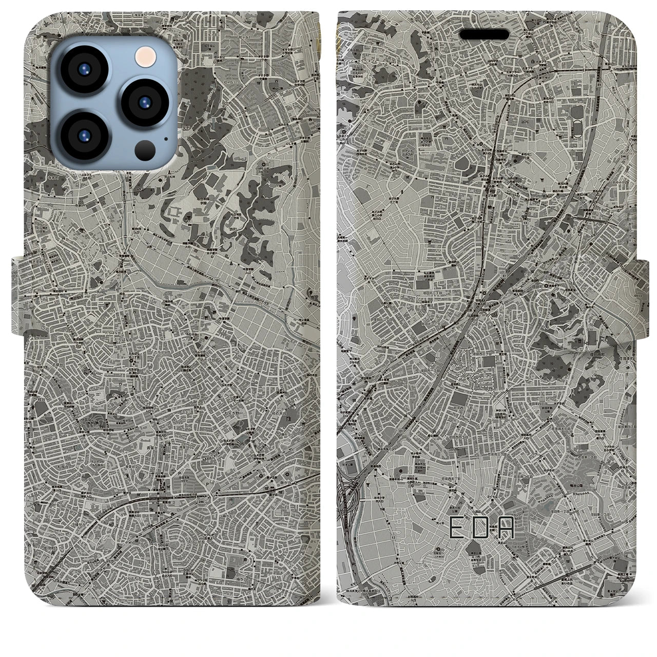 【江田(神奈川県)】地図柄iPhoneケース(手帳タイプ)モノトーン・iPhone 13 Pro Max 用