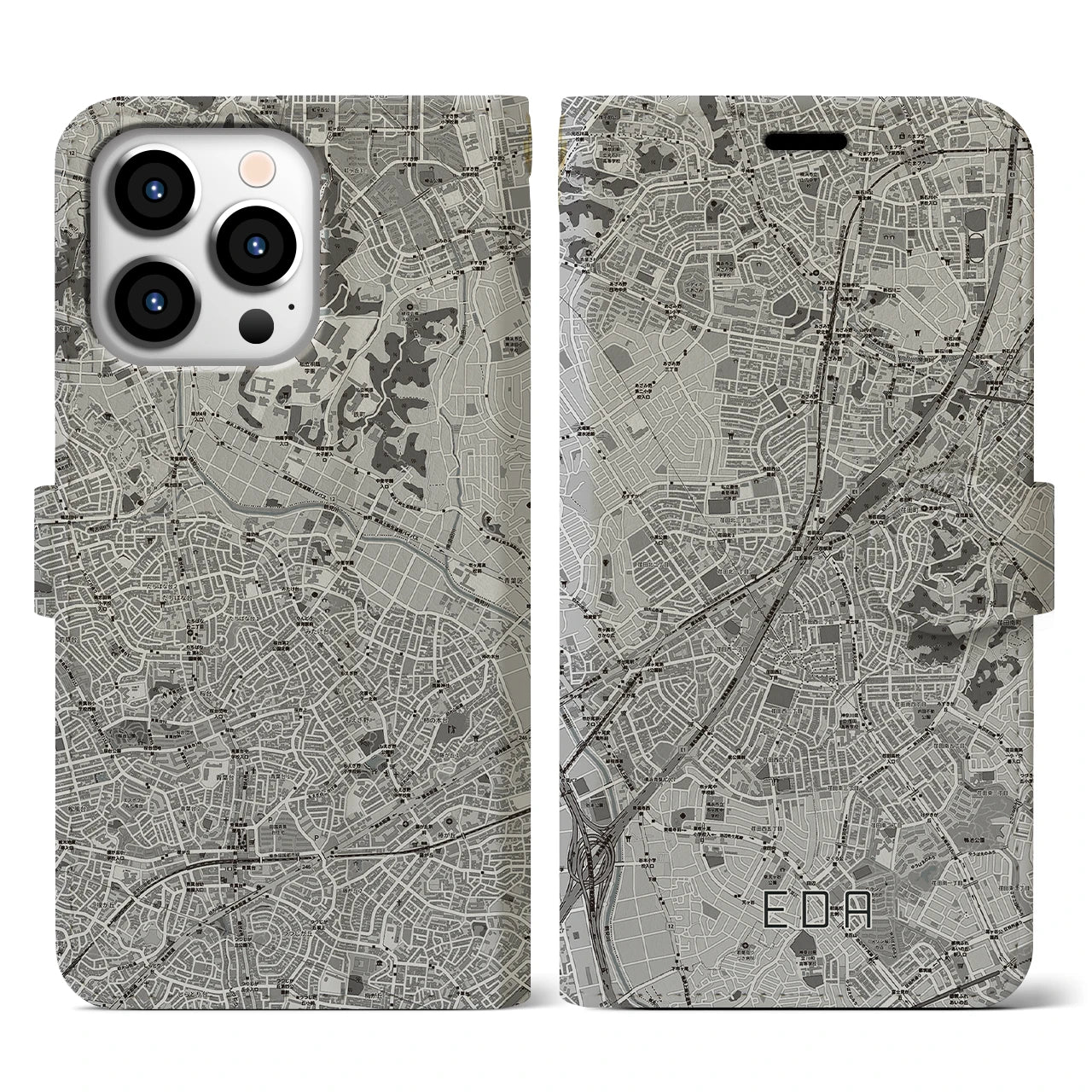 【江田(神奈川県)】地図柄iPhoneケース(手帳タイプ)モノトーン・iPhone 13 Pro 用