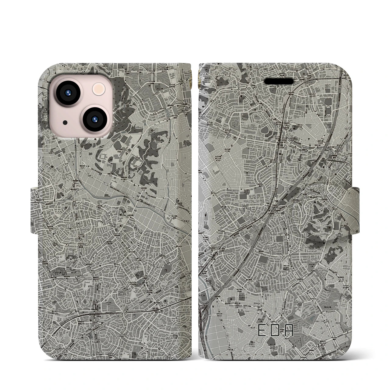 【江田(神奈川県)】地図柄iPhoneケース(手帳タイプ)モノトーン・iPhone 13 mini 用