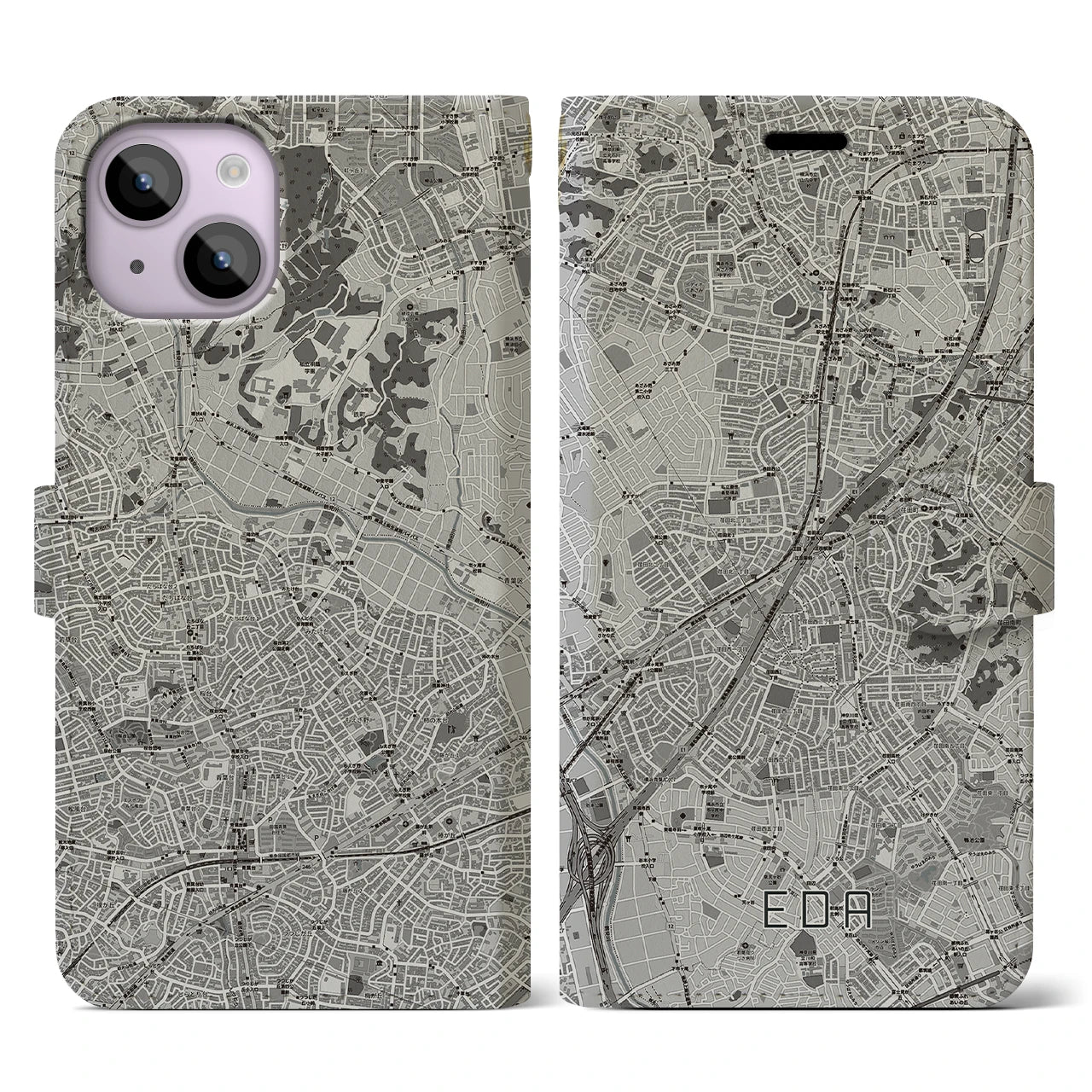 【江田(神奈川県)】地図柄iPhoneケース(手帳タイプ)モノトーン・iPhone 14 用