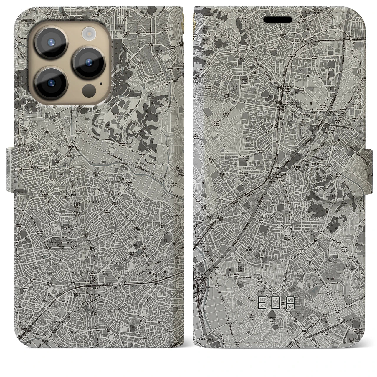 【江田(神奈川県)】地図柄iPhoneケース(手帳タイプ)モノトーン・iPhone 14 Pro Max 用