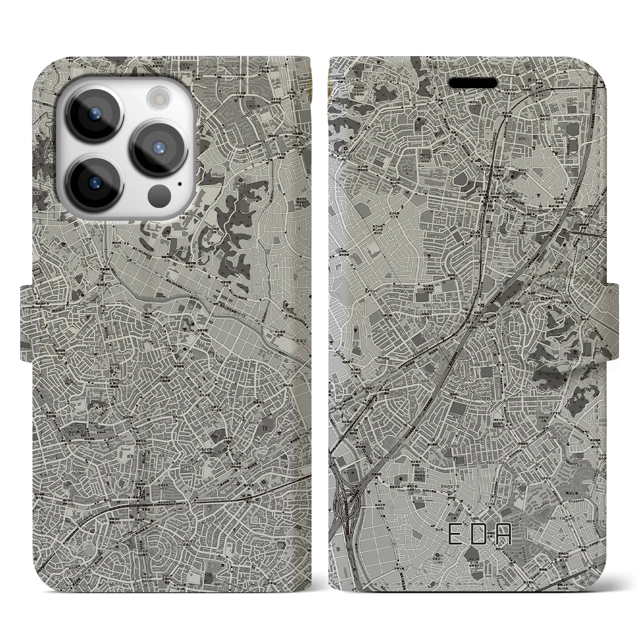 【江田(神奈川県)】地図柄iPhoneケース(手帳タイプ)モノトーン・iPhone 14 Pro 用