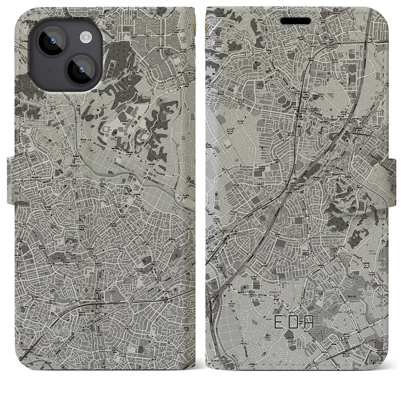【江田(神奈川県)】地図柄iPhoneケース(手帳タイプ)モノトーン・iPhone 14 Plus 用