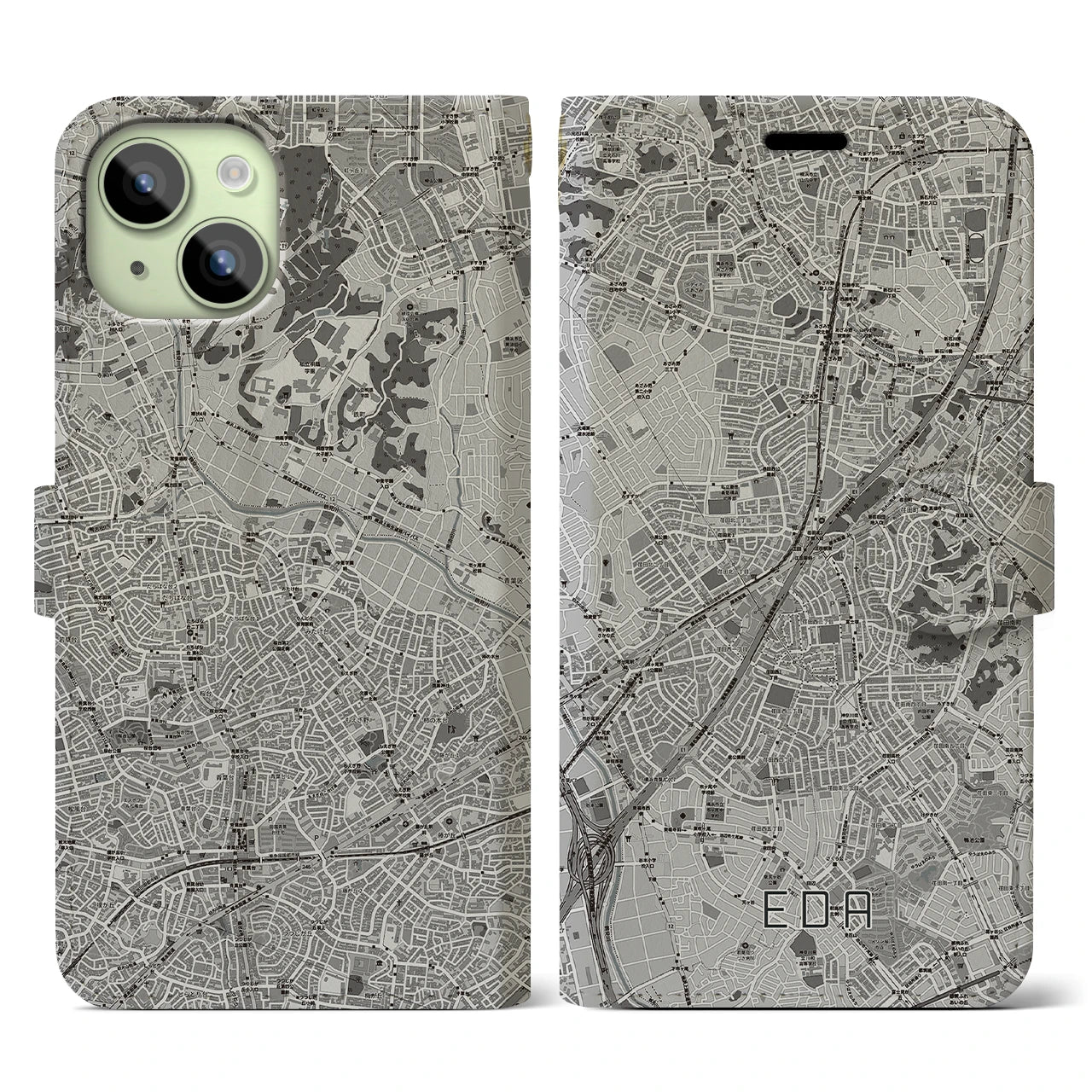 【江田(神奈川県)】地図柄iPhoneケース(手帳タイプ)モノトーン・iPhone 15 用