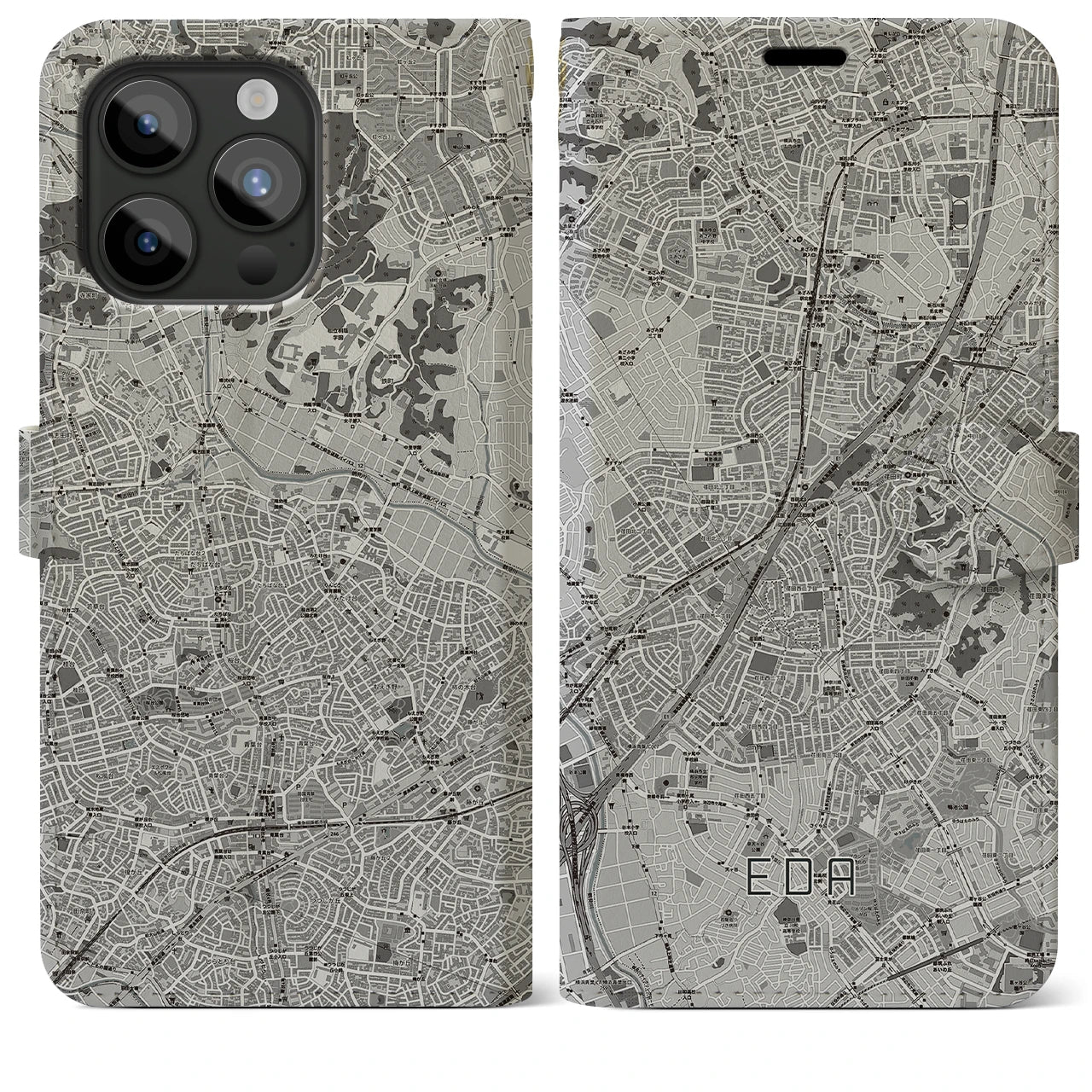 【江田(神奈川県)】地図柄iPhoneケース(手帳タイプ)モノトーン・iPhone 15 Pro Max 用