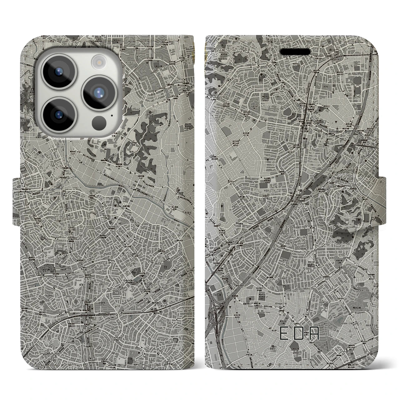 【江田(神奈川県)】地図柄iPhoneケース(手帳タイプ)モノトーン・iPhone 15 Pro 用
