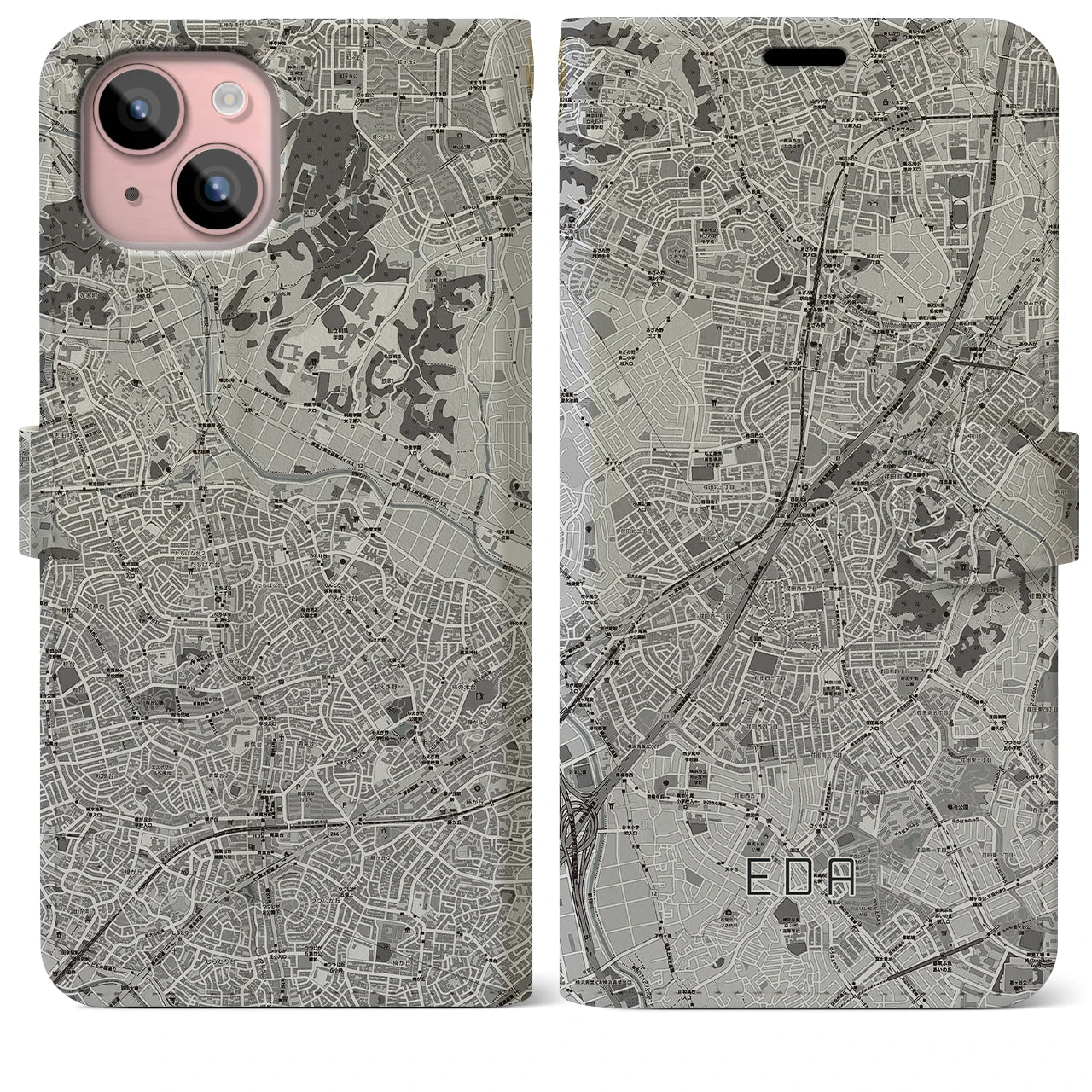 【江田(神奈川県)】地図柄iPhoneケース(手帳タイプ)モノトーン・iPhone 15 Plus 用