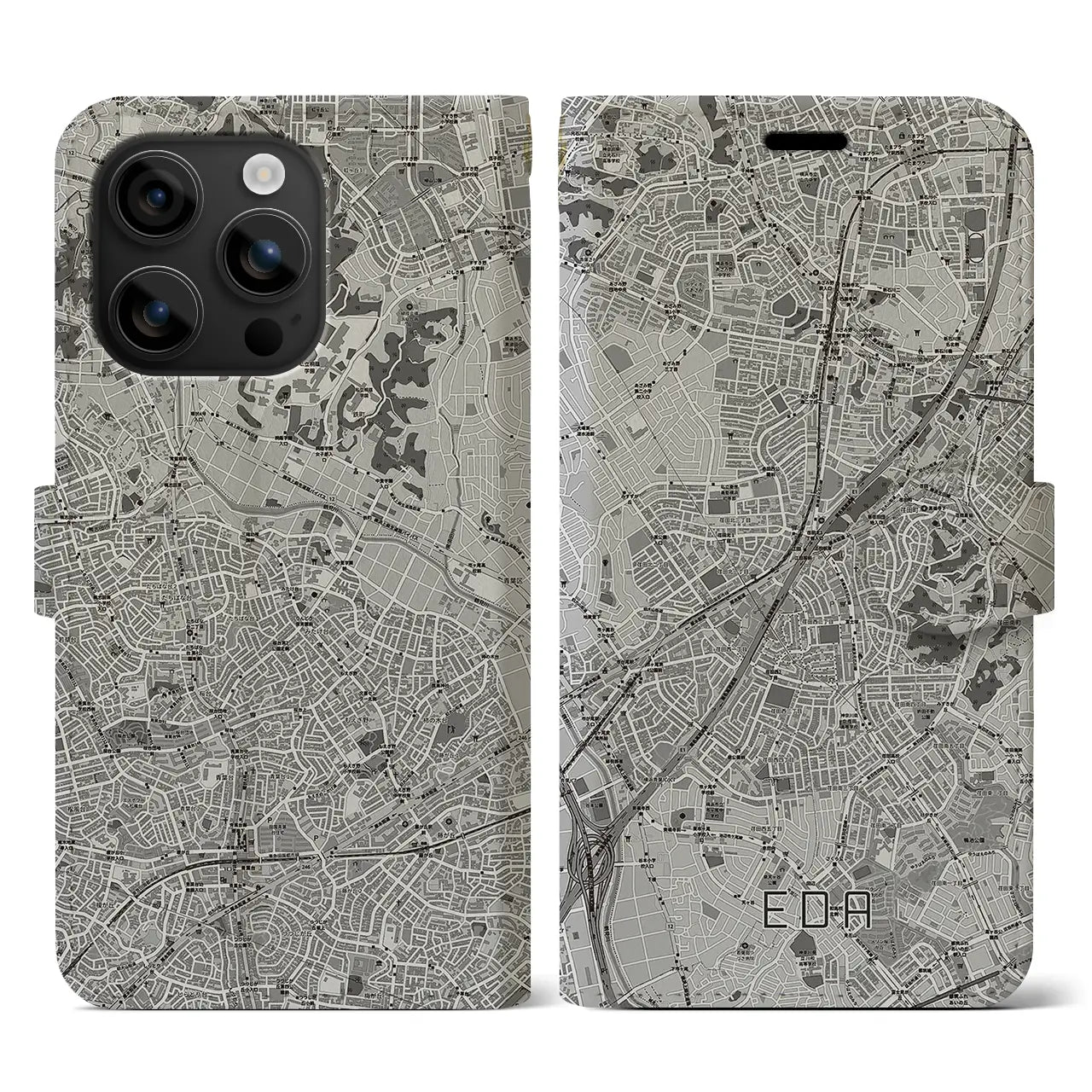 【江田(神奈川県)】地図柄iPhoneケース(手帳タイプ)モノトーン・iPhone 16 用